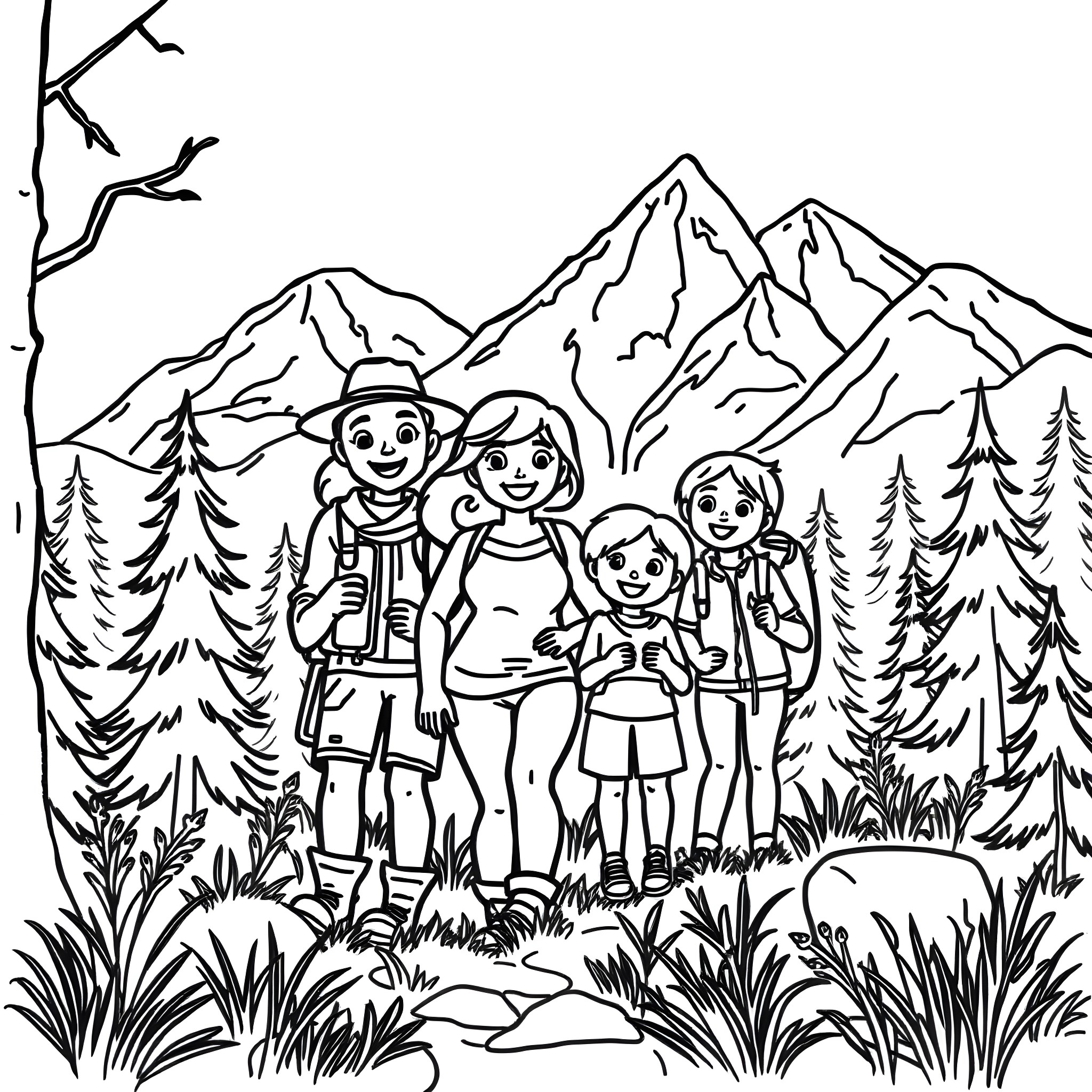 Bluey's Family Hiking in the Mountains Coloring Page (free black-and-white line drawing printable PDF for all, from beginners to advanced learners, including children, teens, adults, and seniors)