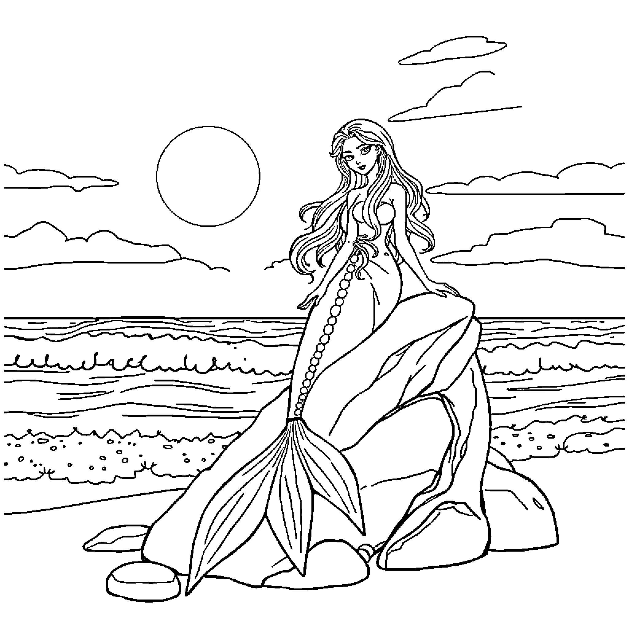 Mermaid admiring the sunset by the sea Coloring Page (free black-and-white line drawing printable PDF for all, from beginners to advanced learners, including children, teens, adults, and seniors)