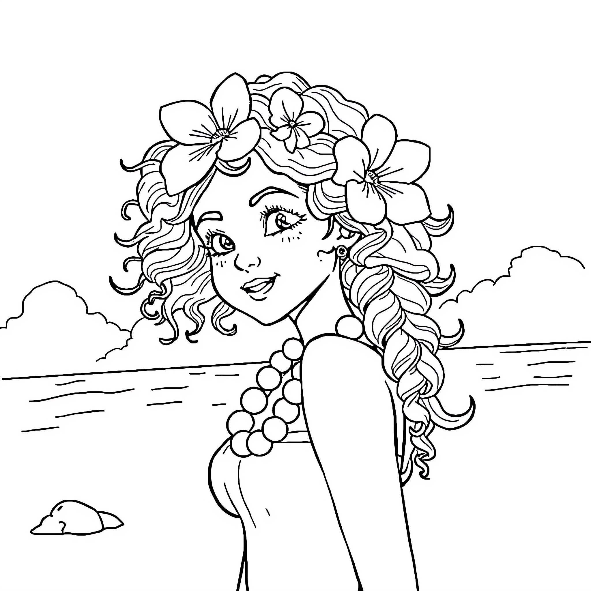 Hawaii Girl Enjoying the Beach and Flowers Coloring Page (free black-and-white line drawing printable PDF for all, from beginners to advanced learners, including children, teens, adults, and seniors)