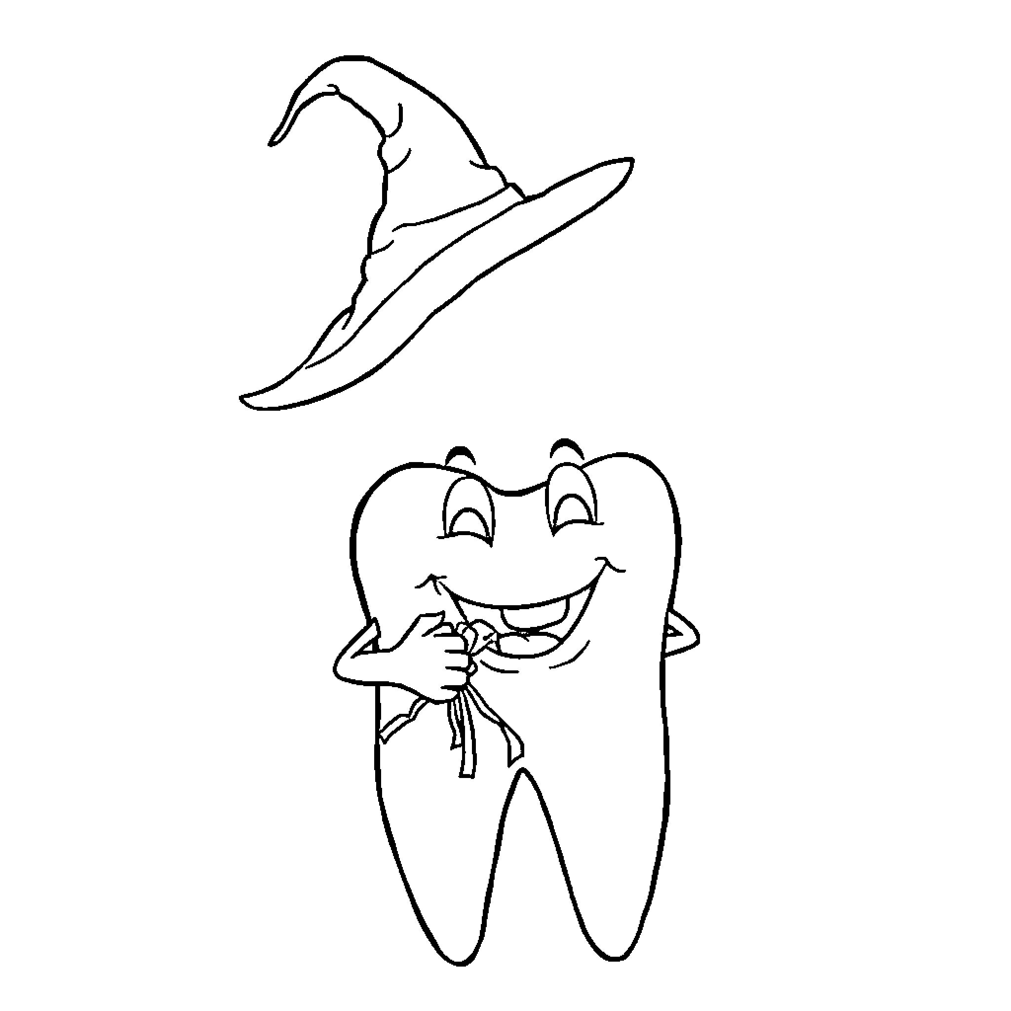 Tooth with witch hat and smiling face Coloring Page (free black-and-white line drawing printable PDF for all, from beginners to advanced learners, including children, teens, adults, and seniors)