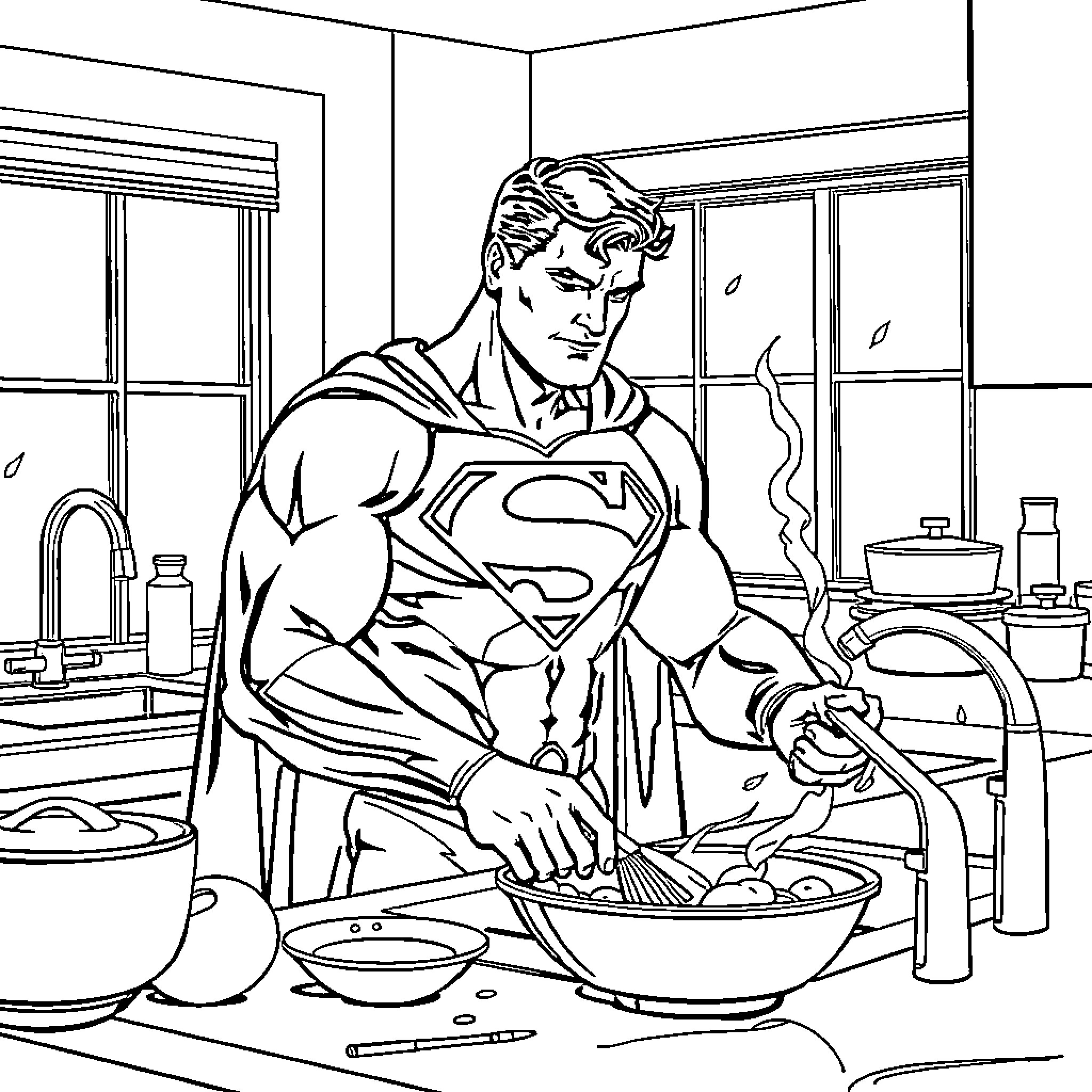 Superman Cooking a Meal in the Kitchen Coloring Page (free black-and-white line drawing printable PDF for all, from beginners to advanced learners, including children, teens, adults, and seniors)