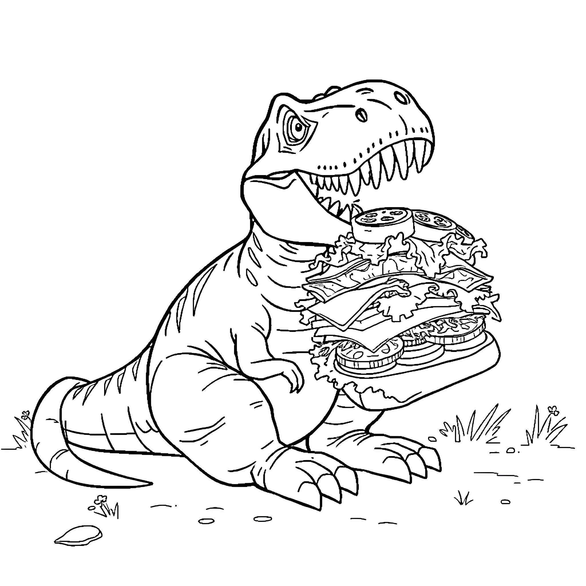 T-Rex enjoying a tasty burger Coloring Page (free black-and-white line drawing printable PDF for all, from beginners to advanced learners, including children, teens, adults, and seniors)