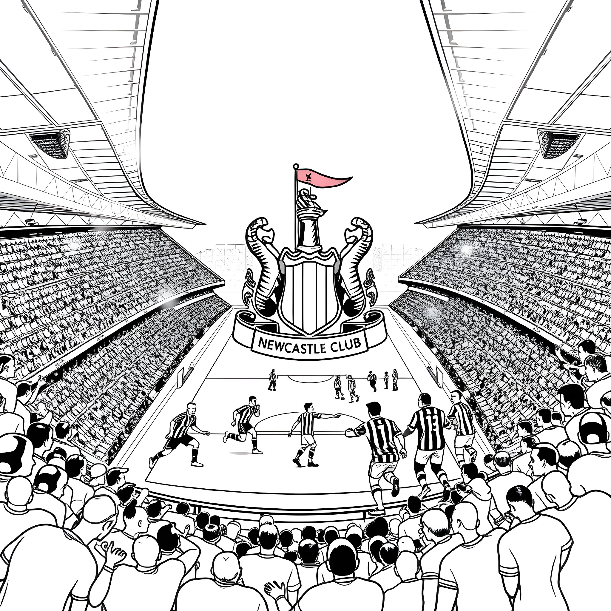 Newcastle United Football Club's Stadium Scene Coloring Page (free black-and-white line drawing printable PDF for all, from beginners to advanced learners, including children, teens, adults, and seniors)