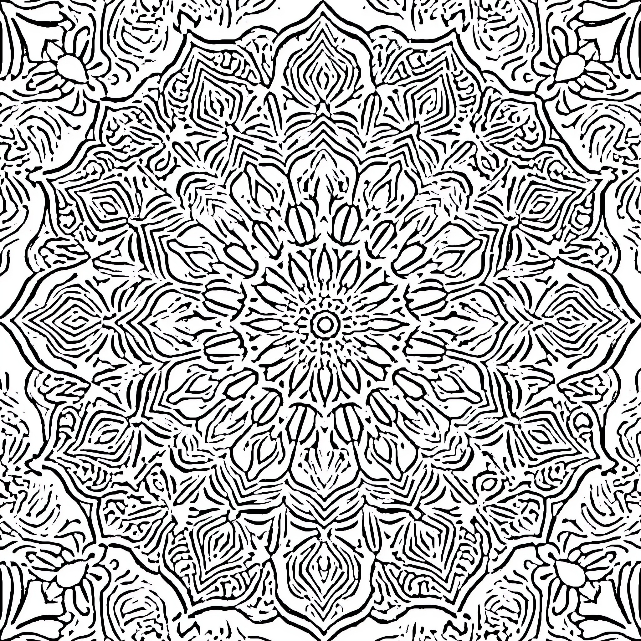 Mandalas of intricate floral patterns and designs Coloring Page (free black-and-white line drawing printable PDF for all, from beginners to advanced learners, including children, teens, adults, and seniors)