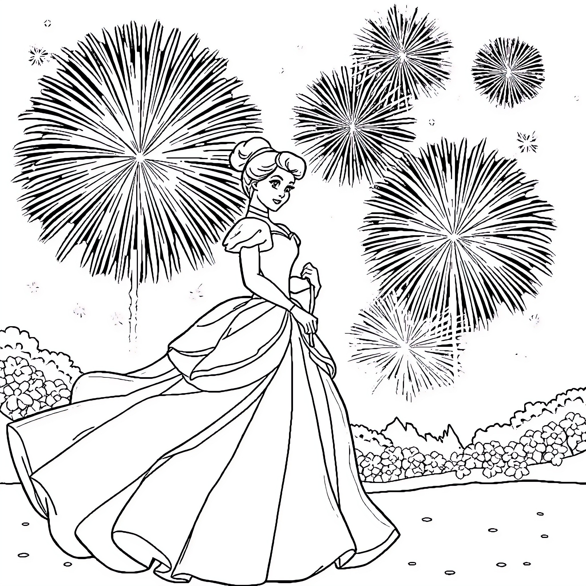Cinderella enjoying fireworks display at night Coloring Page (free black-and-white line drawing printable PDF for all, from beginners to advanced learners, including children, teens, adults, and seniors)