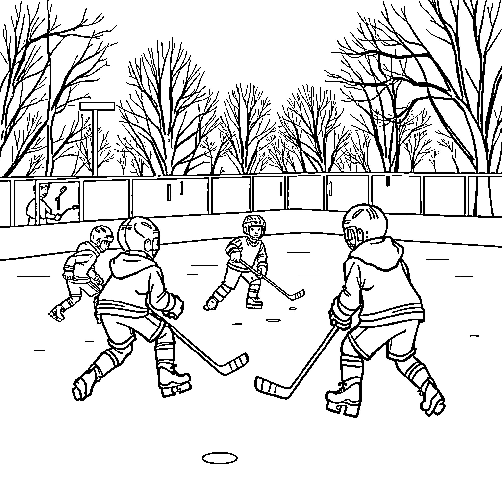 Hockey Game on Winter Ice Rink Coloring Page (free black-and-white line drawing printable PDF for all, from beginners to advanced learners, including children, teens, adults, and seniors)
