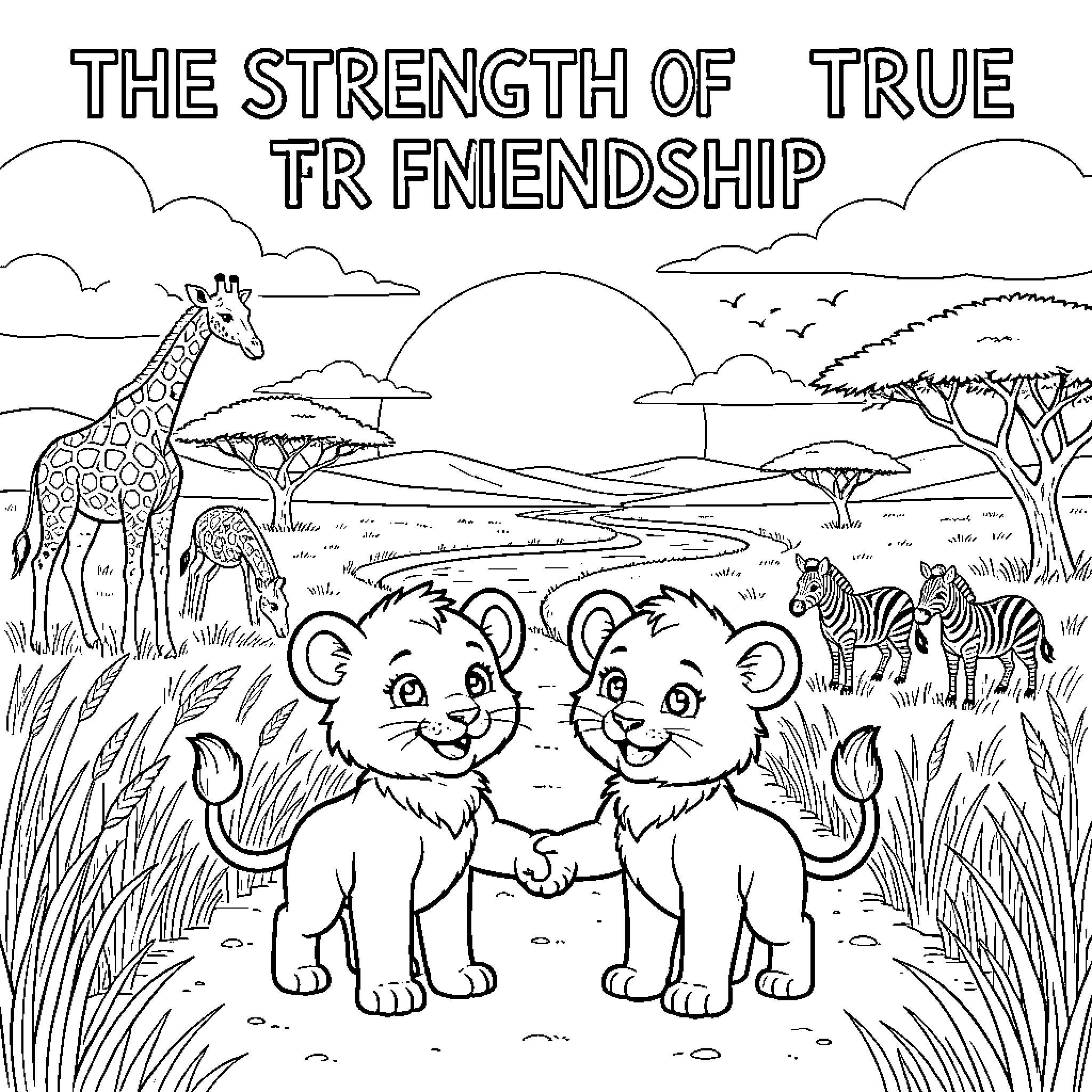 Lion Cubs in a Serene Savanna Landscape Coloring Page (free black-and-white line drawing printable PDF for all, from beginners to advanced learners, including children, teens, adults, and seniors)