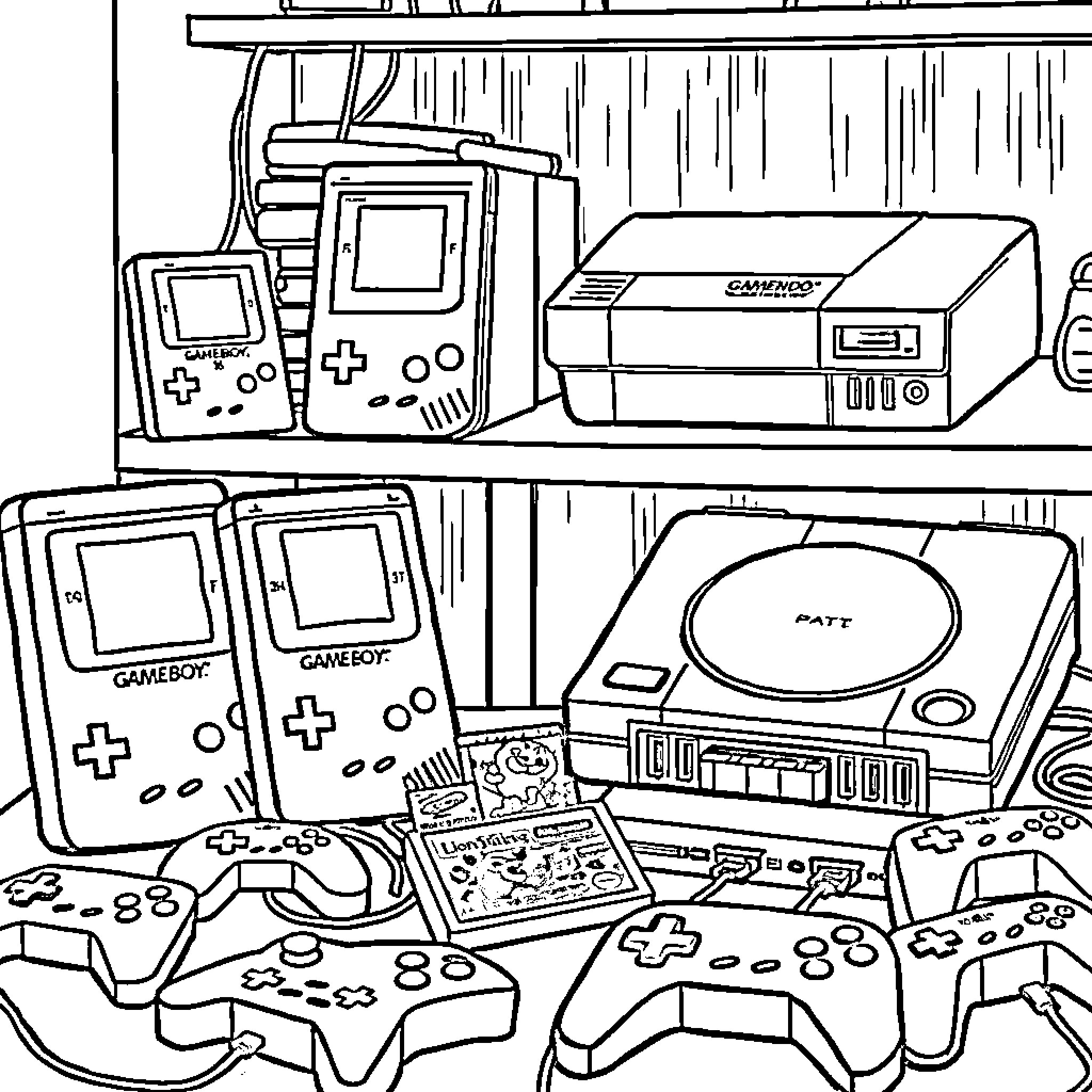 Game Console Collection with Various Controllers and Accessories Coloring Page (free black-and-white line drawing printable PDF for all, from beginners to advanced learners, including children, teens, adults, and seniors)