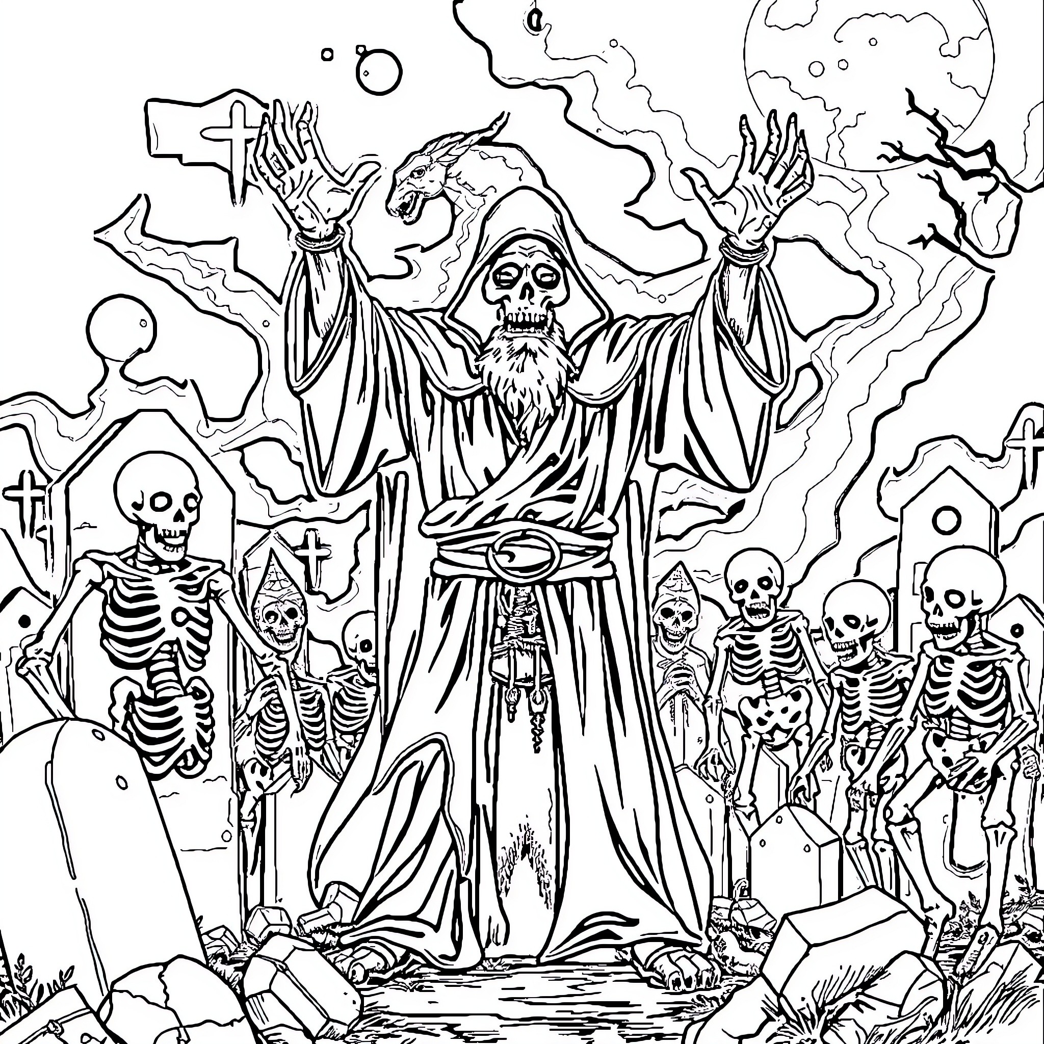 Necromancer summoning skeletal army in eerie graveyard Coloring Page (free black-and-white line drawing printable PDF for all, from beginners to advanced learners, including children, teens, adults, and seniors)