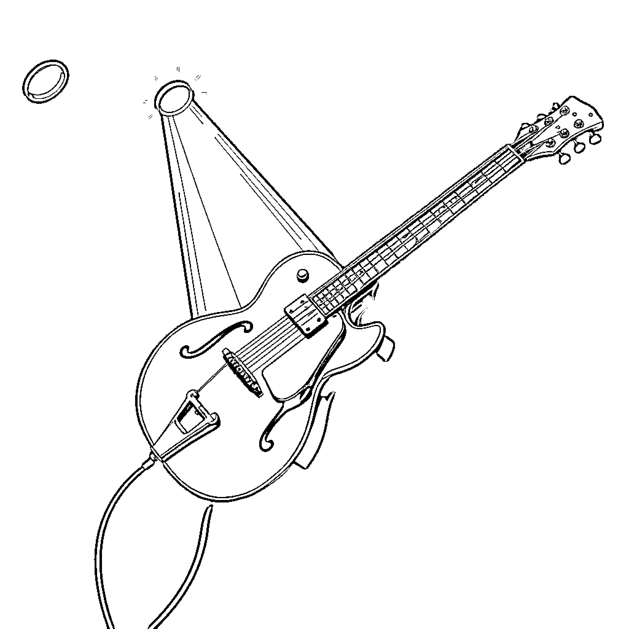 Gretsch electric guitar in striking pose Coloring Page (free black-and-white line drawing printable PDF for all, from beginners to advanced learners, including children, teens, adults, and seniors)