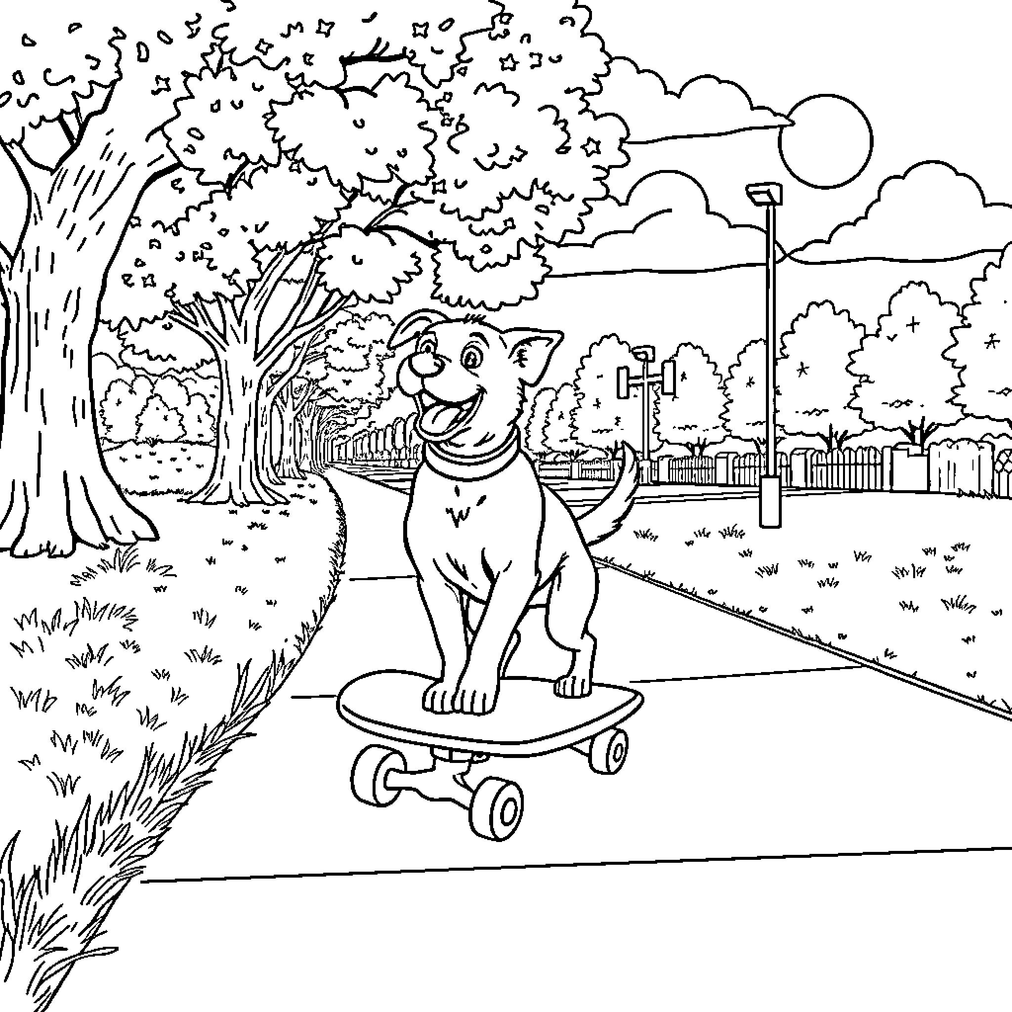 Dog riding skateboard in the park Coloring Page (free black-and-white line drawing printable PDF for all, from beginners to advanced learners, including children, teens, adults, and seniors)