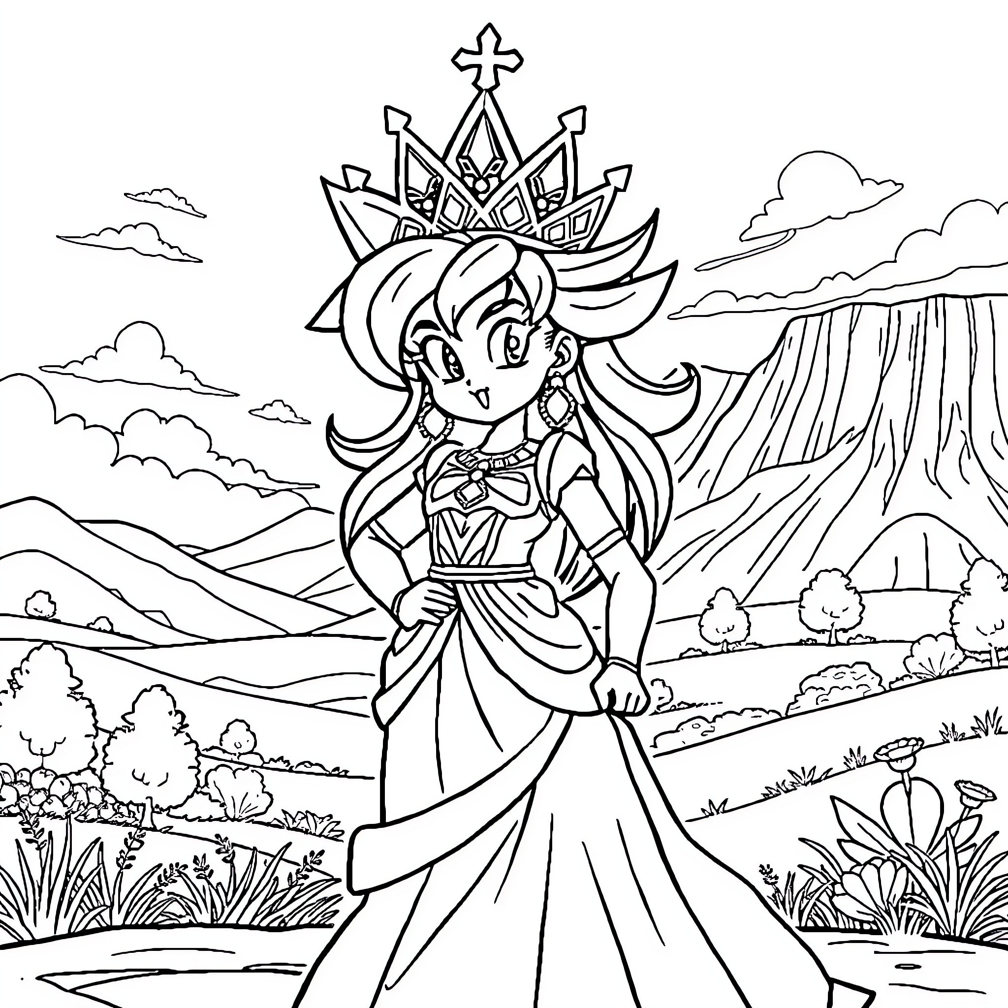 Princess Goku in a majestic landscape Coloring Page (free black-and-white line drawing printable PDF for all, from beginners to advanced learners, including children, teens, adults, and seniors)
