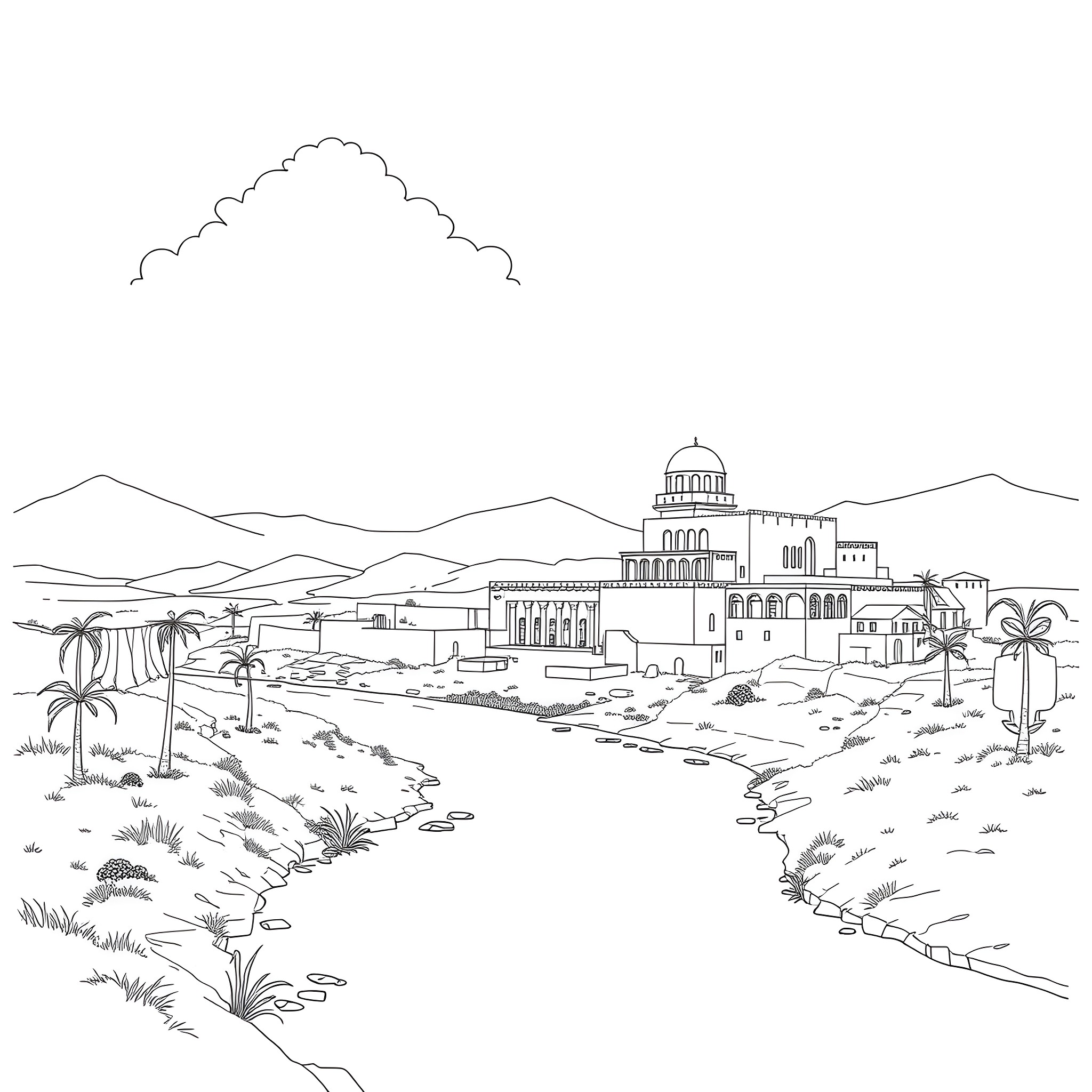 Ctesiphon: Ancient Mesopotamian Architectural Landscape Coloring Page (free black-and-white line drawing printable PDF for all, from beginners to advanced learners, including children, teens, adults, and seniors)