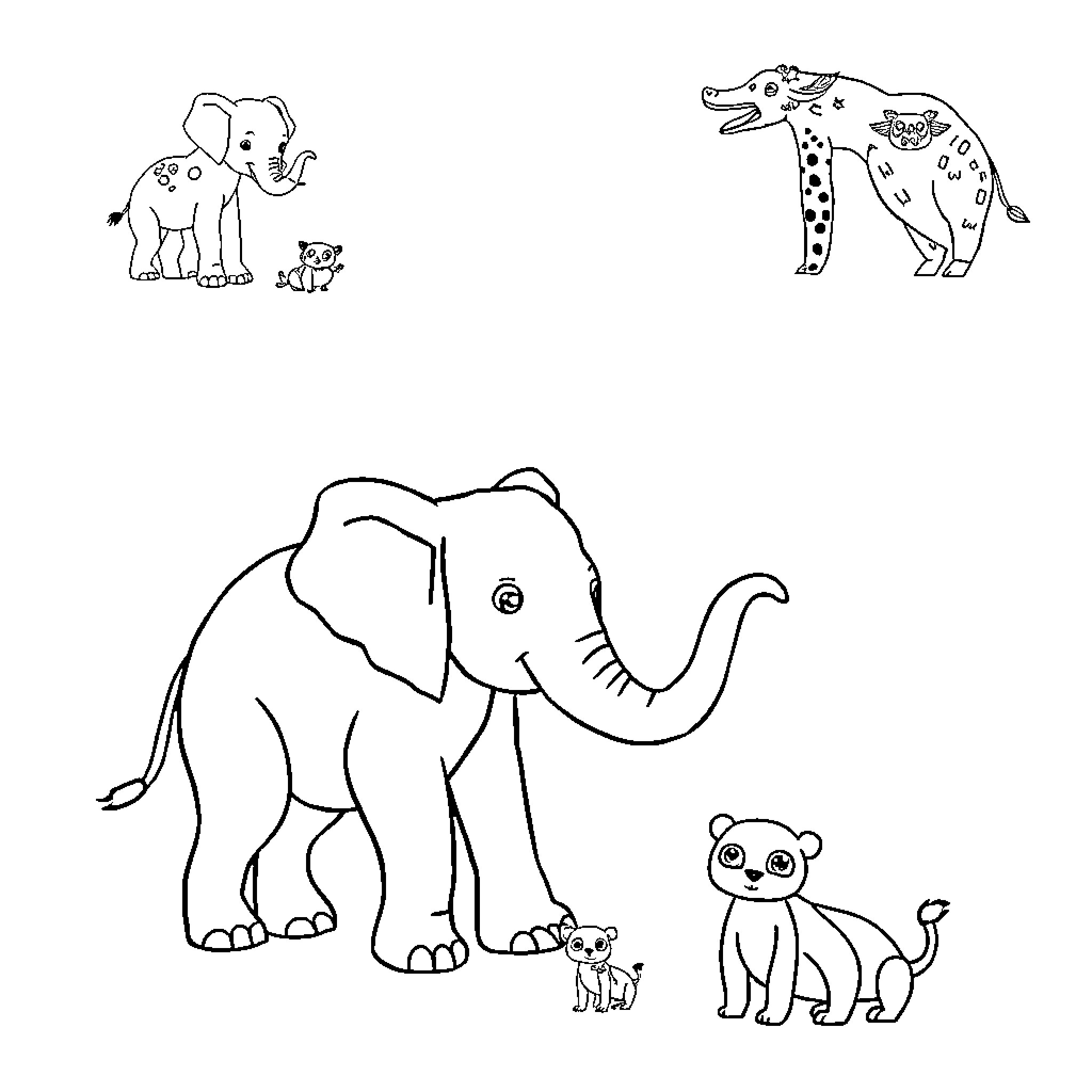 Animals depicted in simple line drawings Coloring Page (free black-and-white line drawing printable PDF for all, from beginners to advanced learners, including children, teens, adults, and seniors)
