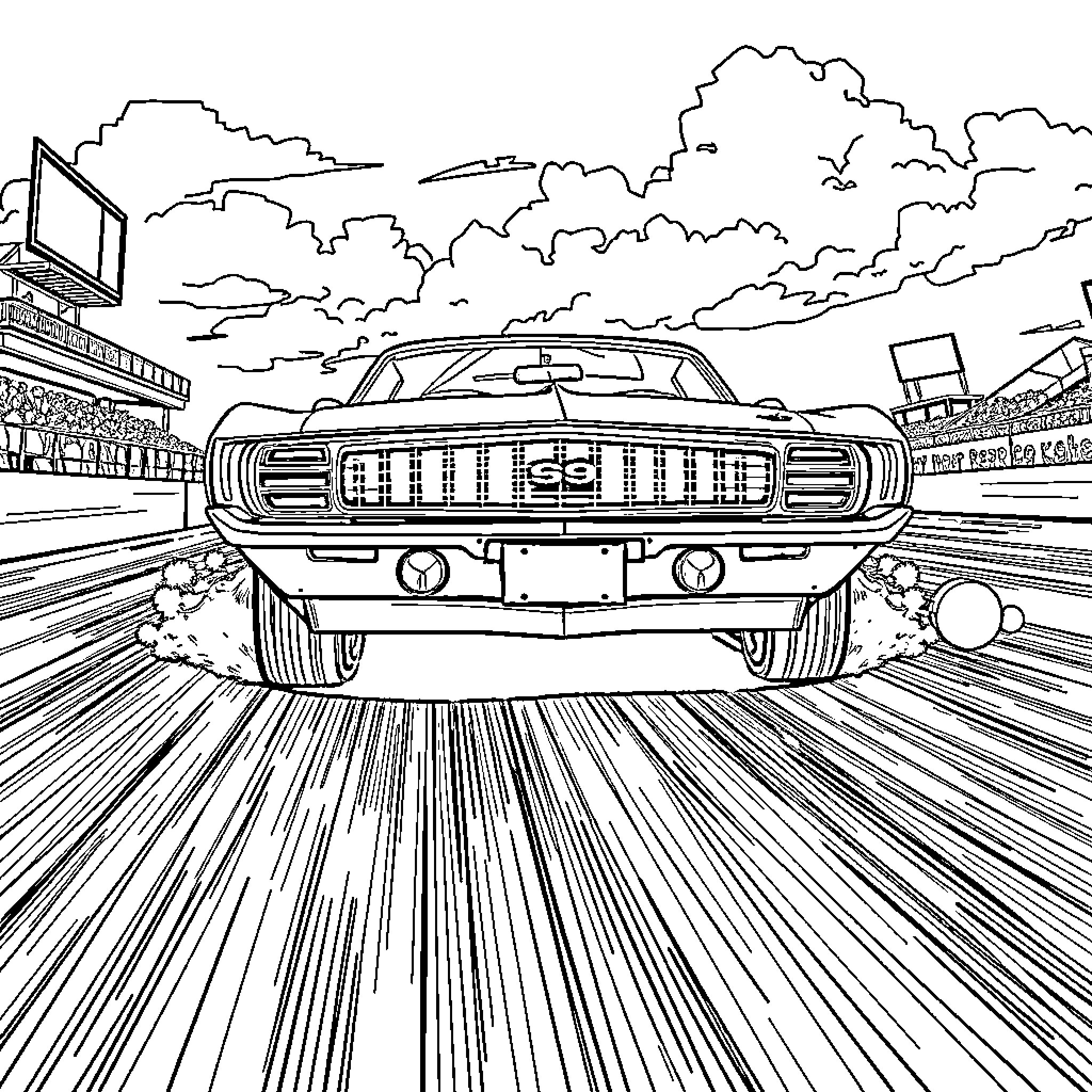 Camaro Speeding Down the Racetrack Coloring Page (free black-and-white line drawing printable PDF for all, from beginners to advanced learners, including children, teens, adults, and seniors)