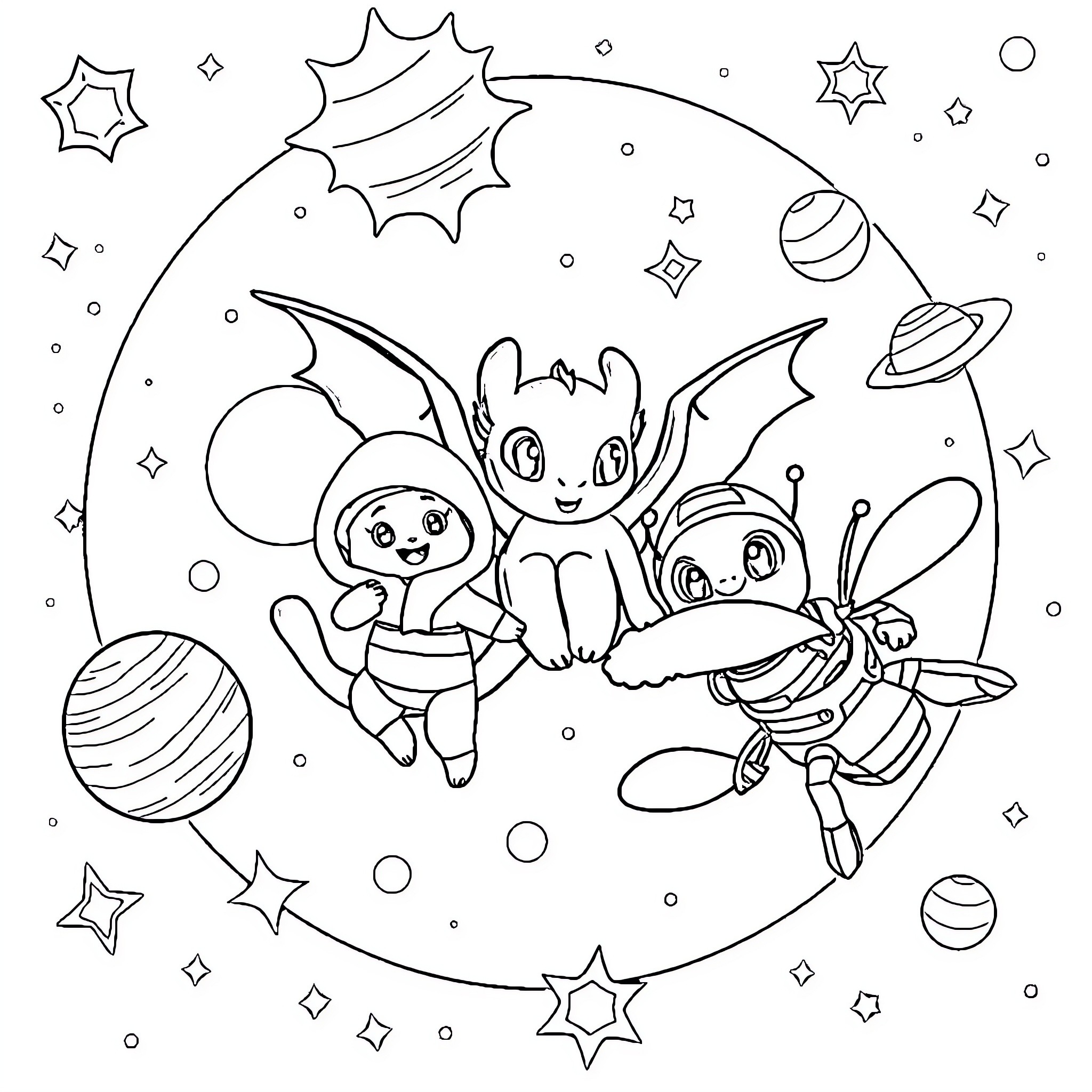 Bluey and friends exploring the cosmic universe Coloring Page (free black-and-white line drawing printable PDF for all, from beginners to advanced learners, including children, teens, adults, and seniors)
