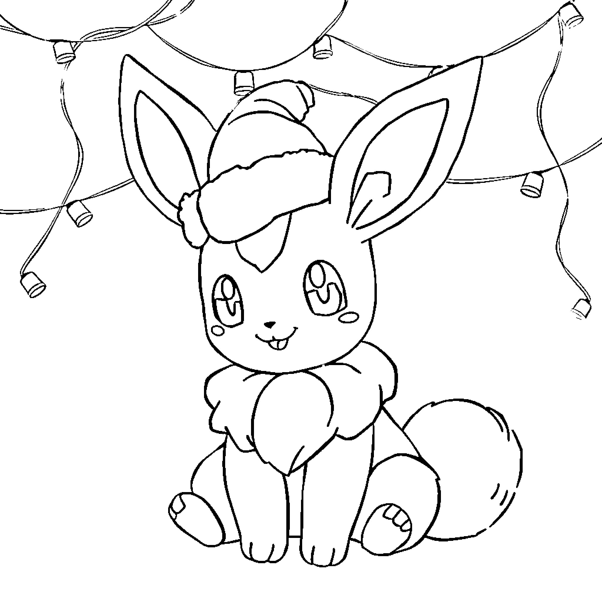 Umbreon Enjoying Holiday Lights Coloring Page (free black-and-white line drawing printable PDF for all, from beginners to advanced learners, including children, teens, adults, and seniors)