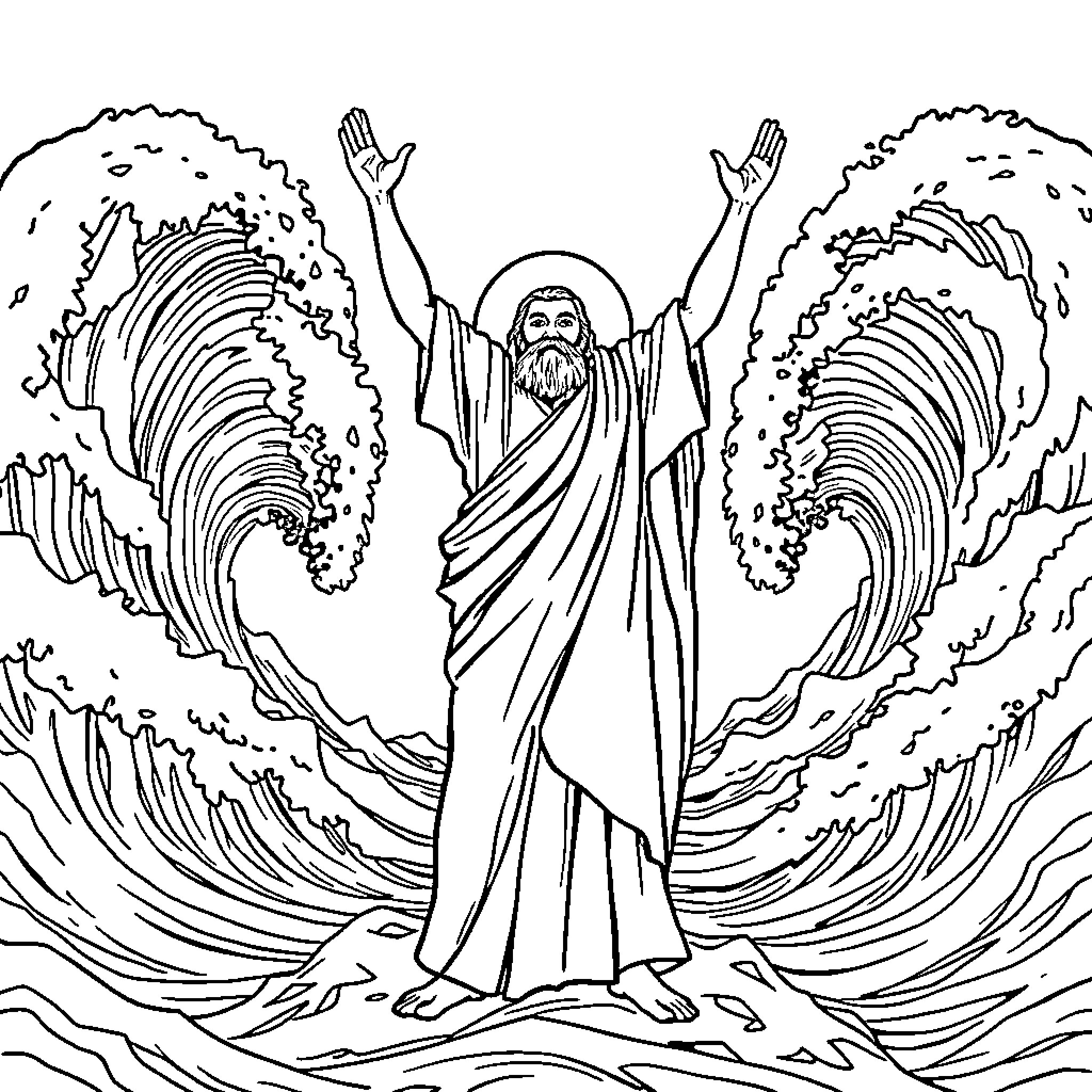 Moses Parting the Red Sea with Arms Raised Coloring Page (free black-and-white line drawing printable PDF for all, from beginners to advanced learners, including children, teens, adults, and seniors)