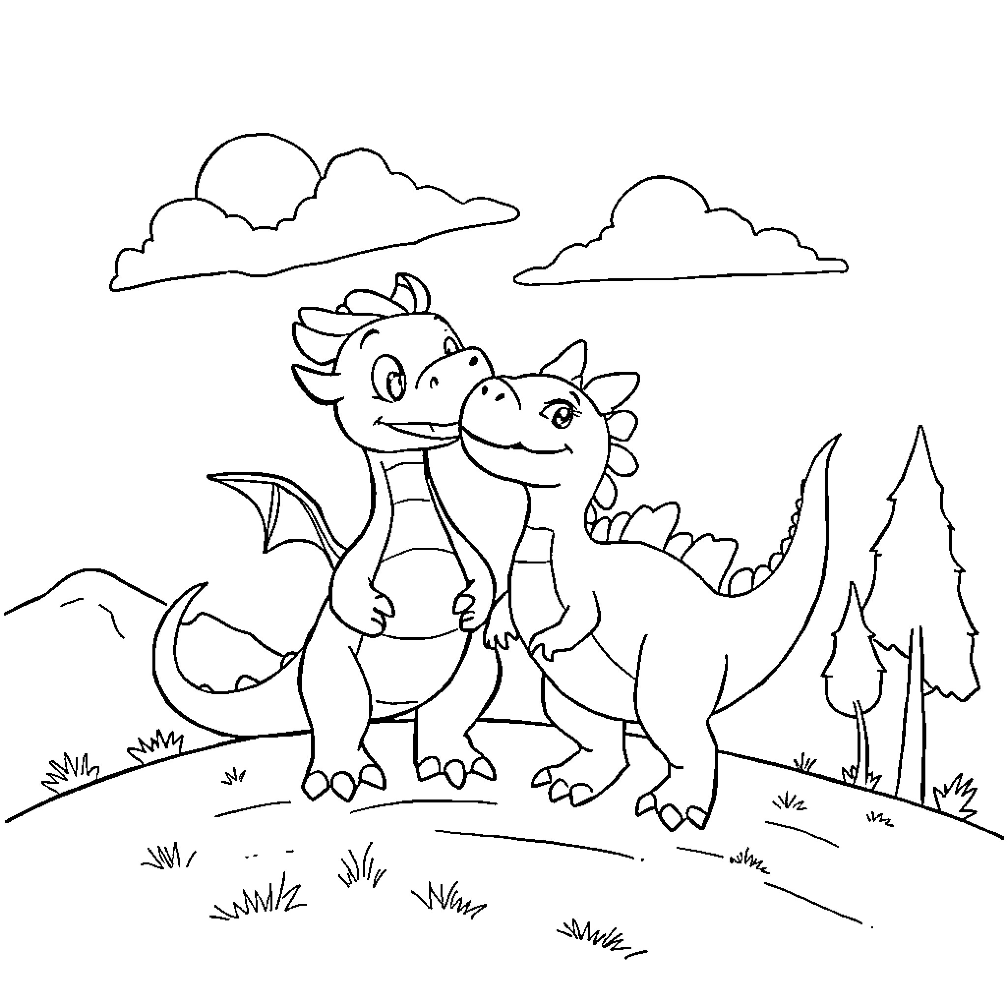 Chimuelo Duo Dragon Adventure in the Wilderness Coloring Page (free black-and-white line drawing printable PDF for all, from beginners to advanced learners, including children, teens, adults, and seniors)