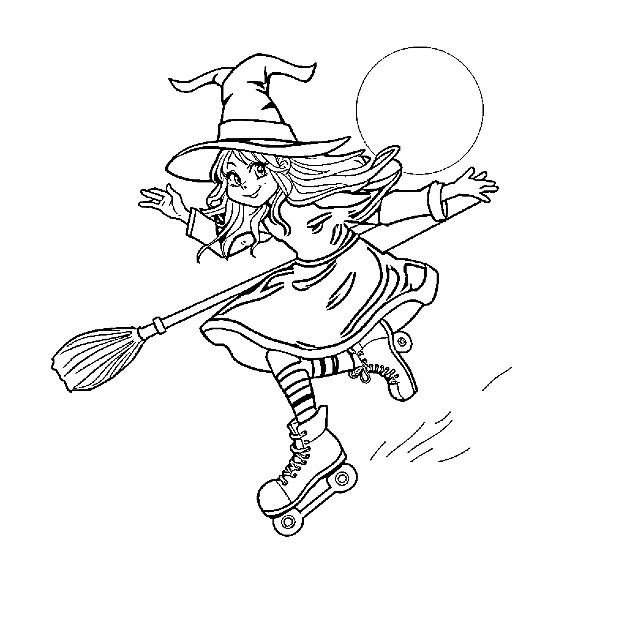 Witch flying on broomstick with roller skates Coloring Page (free black-and-white line drawing printable PDF for all, from beginners to advanced learners, including children, teens, adults, and seniors)