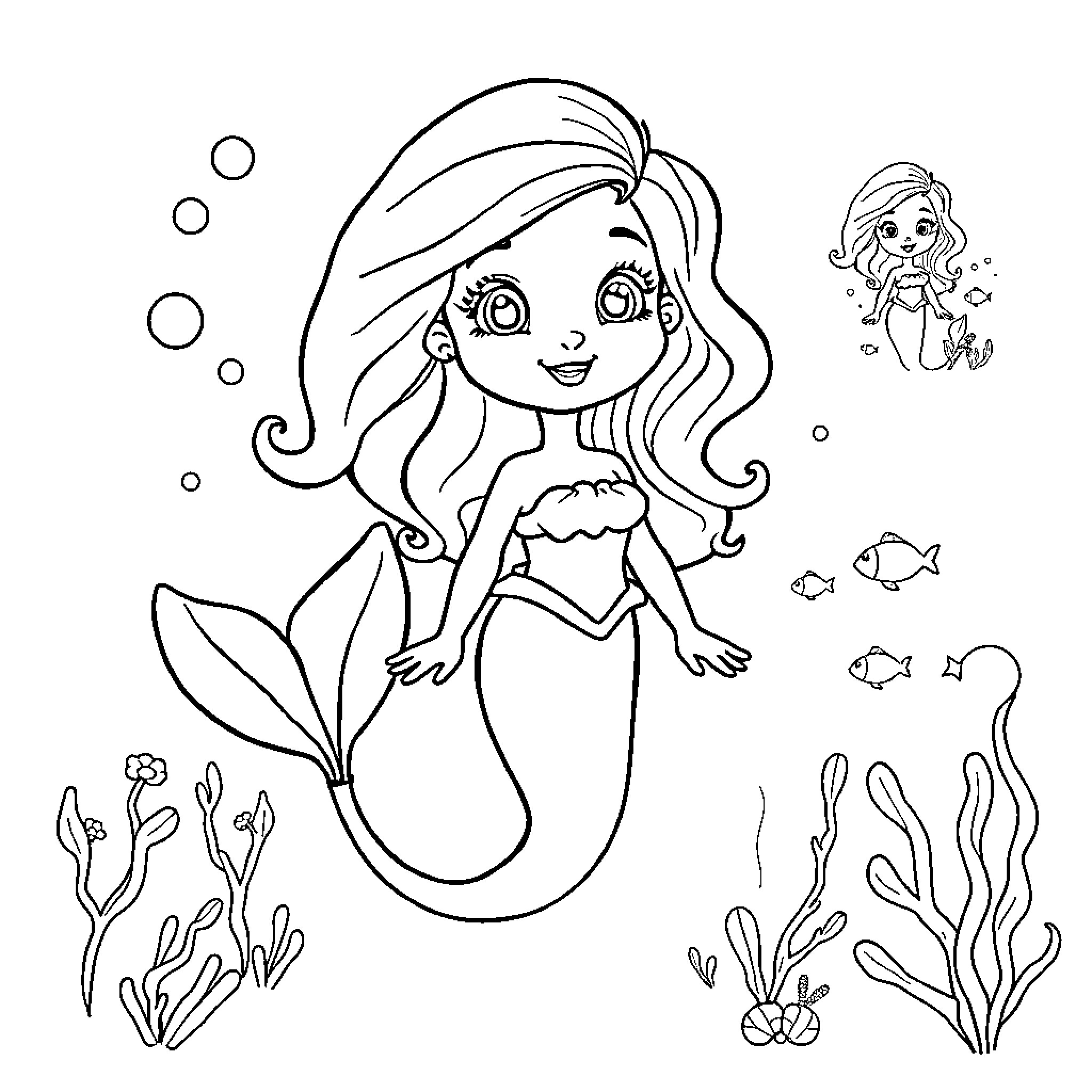 Mermaid exploring the underwater world Coloring Page (free black-and-white line drawing printable PDF for all, from beginners to advanced learners, including children, teens, adults, and seniors)