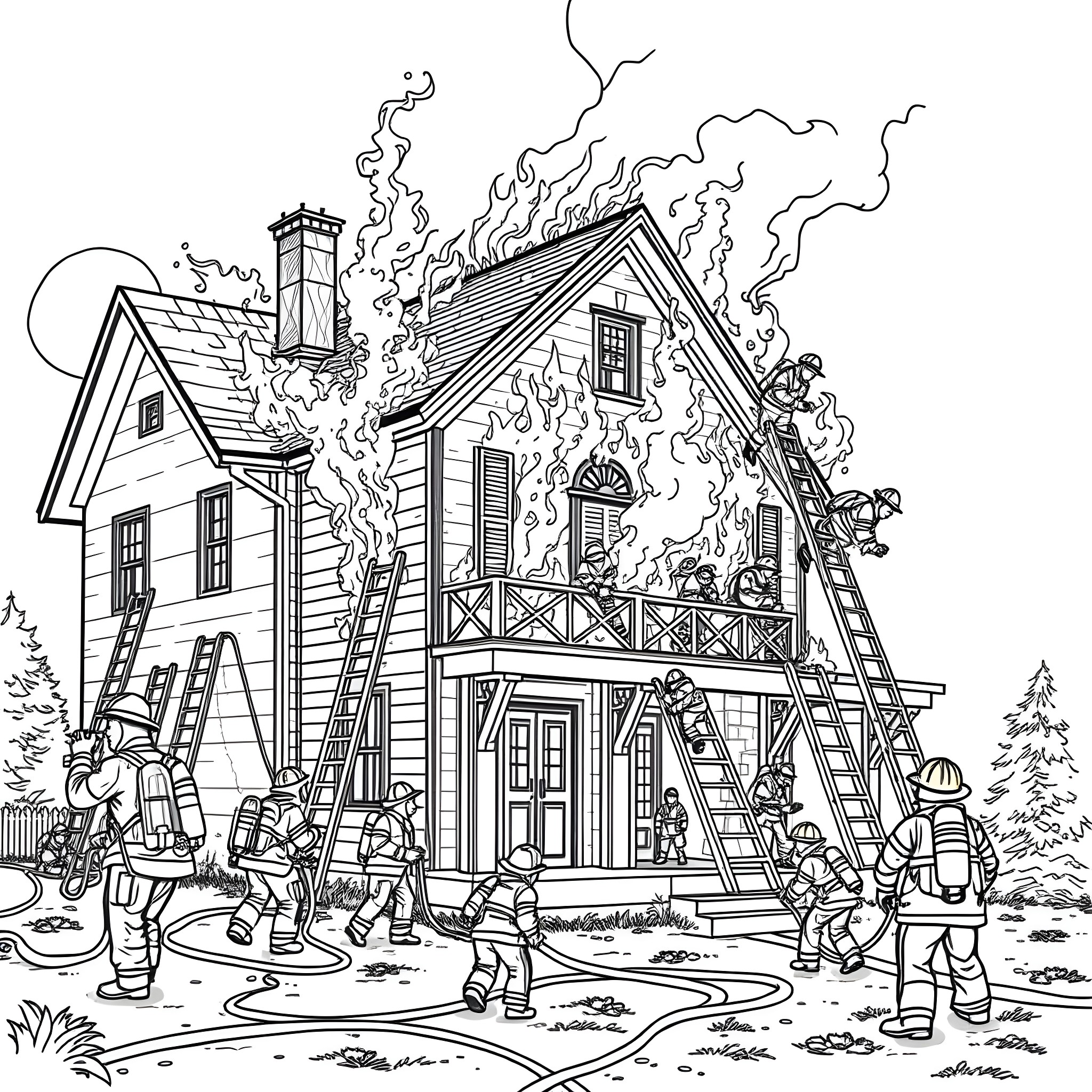 Firefighters battling a blaze at a wooden house Coloring Page (free black-and-white line drawing printable PDF for all, from beginners to advanced learners, including children, teens, adults, and seniors)
