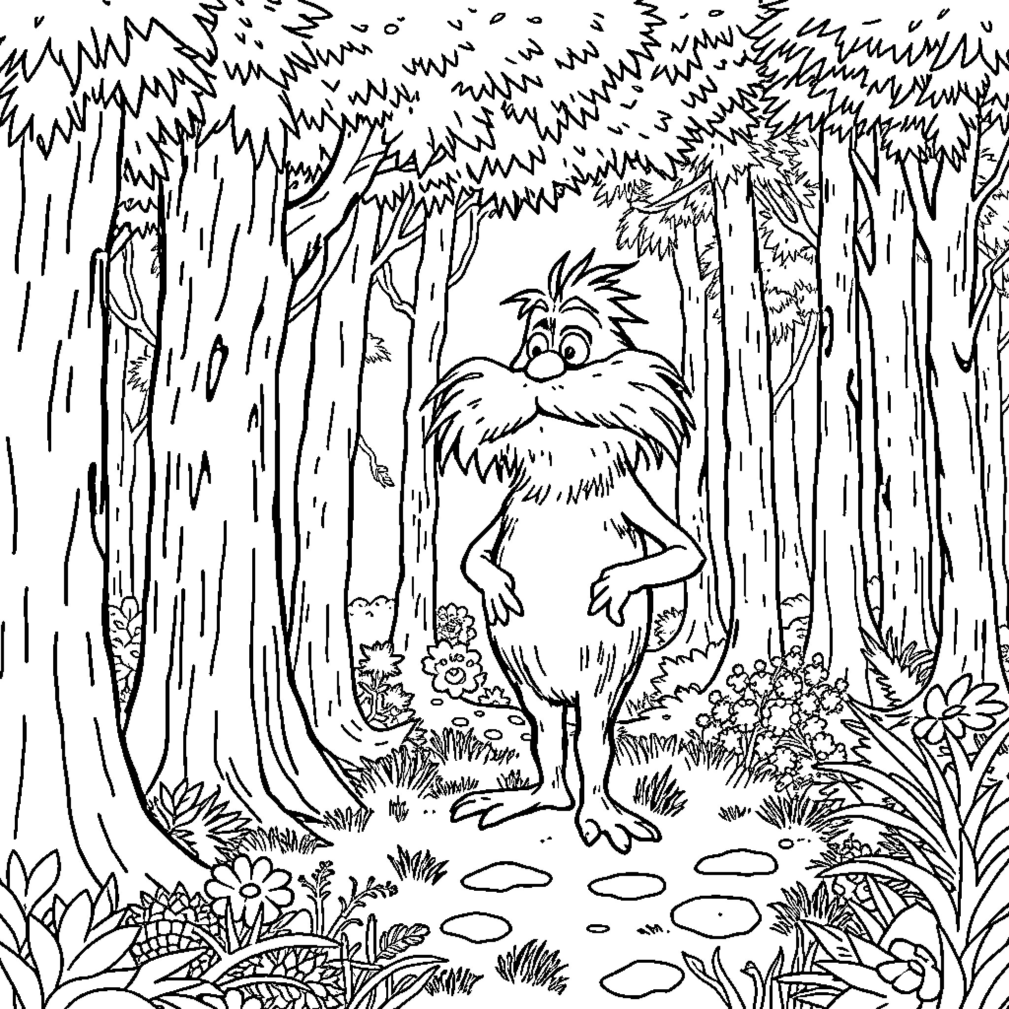 Lorax standing amidst the forest flora Coloring Page (free black-and-white line drawing printable PDF for all, from beginners to advanced learners, including children, teens, adults, and seniors)