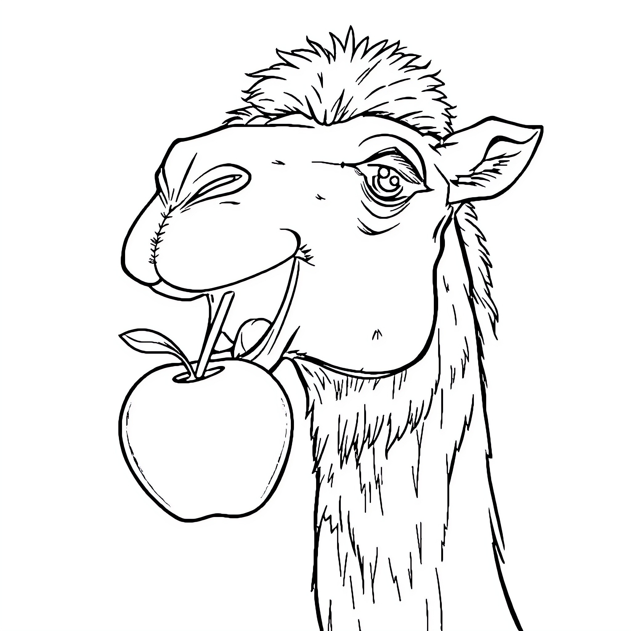 Camel holding an apple Coloring Page (free black-and-white line drawing printable PDF for all, from beginners to advanced learners, including children, teens, adults, and seniors)