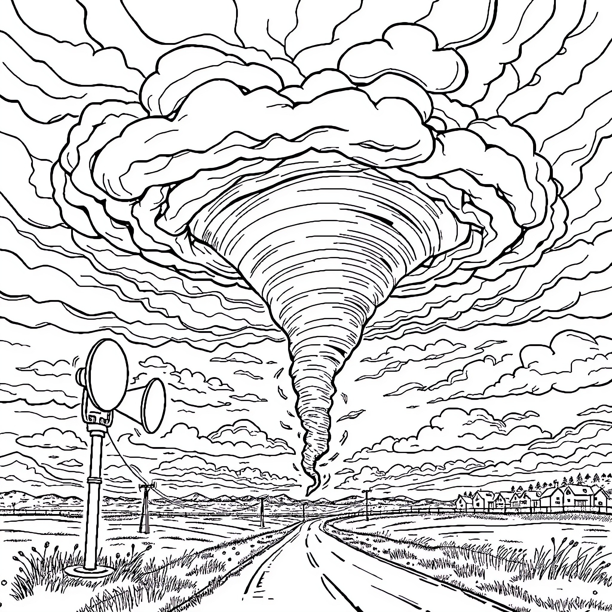 Tornado Sweeping Across Rural Landscape Coloring Page (free black-and-white line drawing printable PDF for all, from beginners to advanced learners, including children, teens, adults, and seniors)