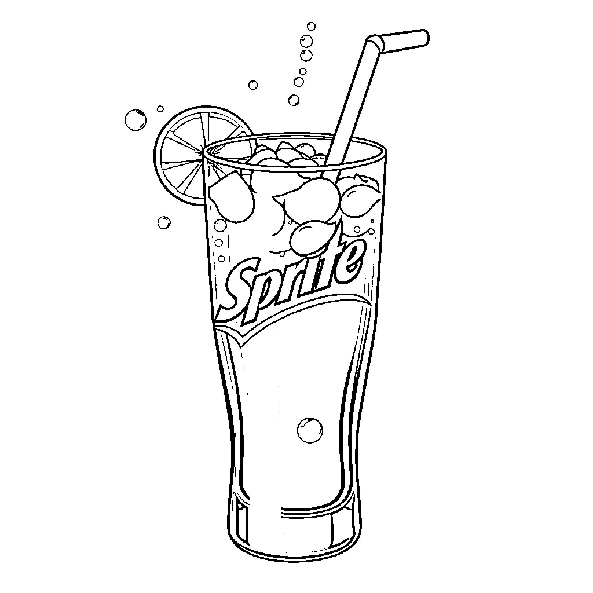 Sprite beverage with ice cubes and bubbles Coloring Page (free black-and-white line drawing printable PDF for all, from beginners to advanced learners, including children, teens, adults, and seniors)