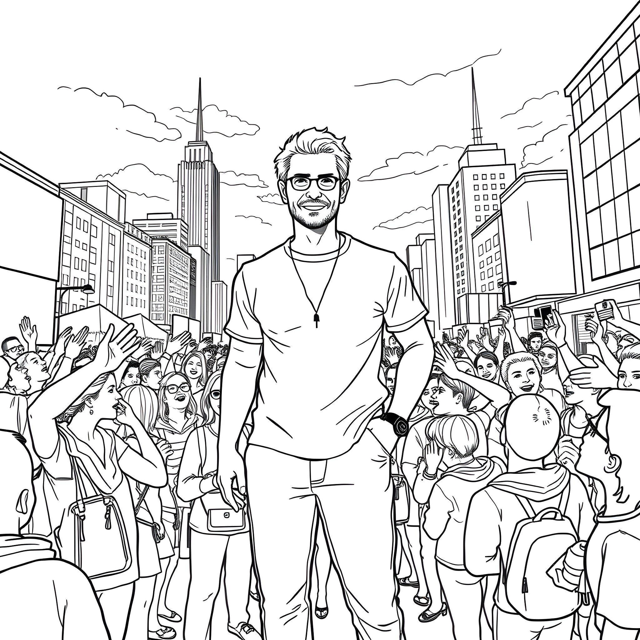 Chris Stuniolo stands confidently in a bustling city scene Coloring Page (free black-and-white line drawing printable PDF for all, from beginners to advanced learners, including children, teens, adults, and seniors)