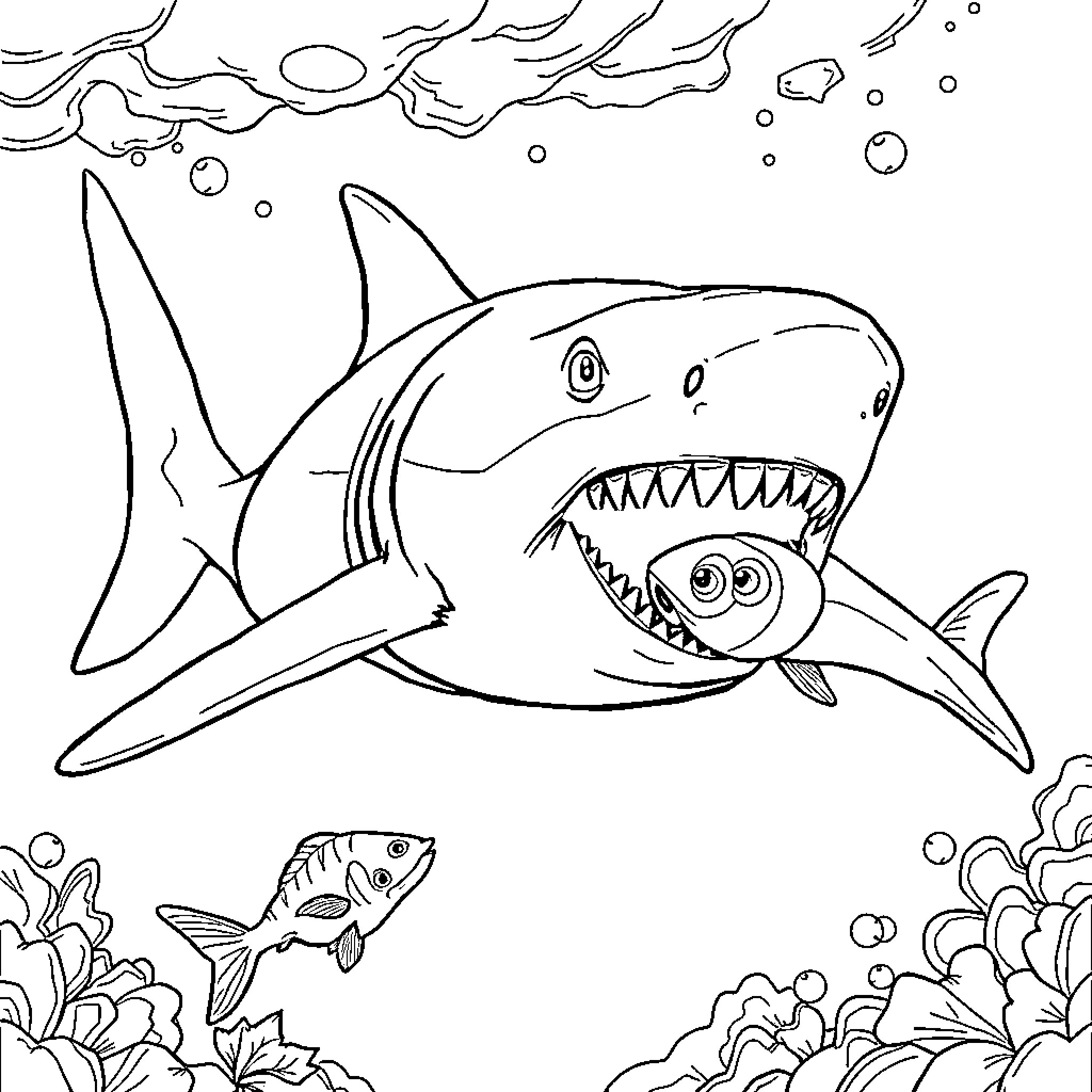 Shark with a big open mouth in the underwater scene Coloring Page (free black-and-white line drawing printable PDF for all, from beginners to advanced learners, including children, teens, adults, and seniors)