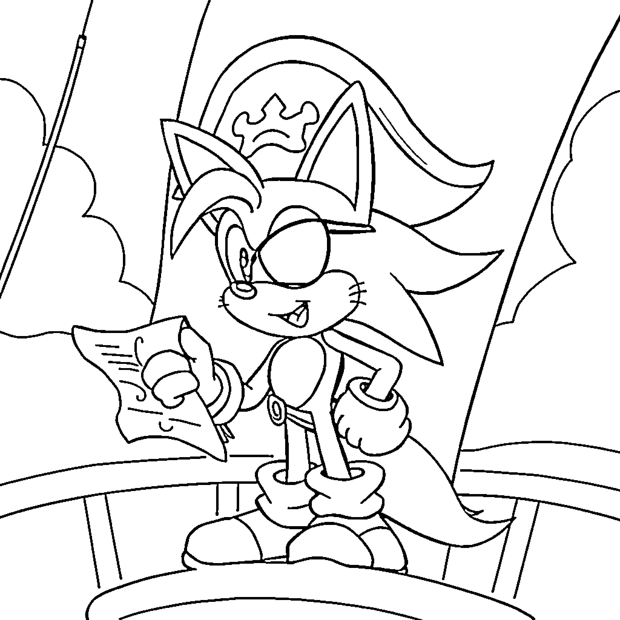 Tails the pirate fox reading a map Coloring Page (free black-and-white line drawing printable PDF for all, from beginners to advanced learners, including children, teens, adults, and seniors)