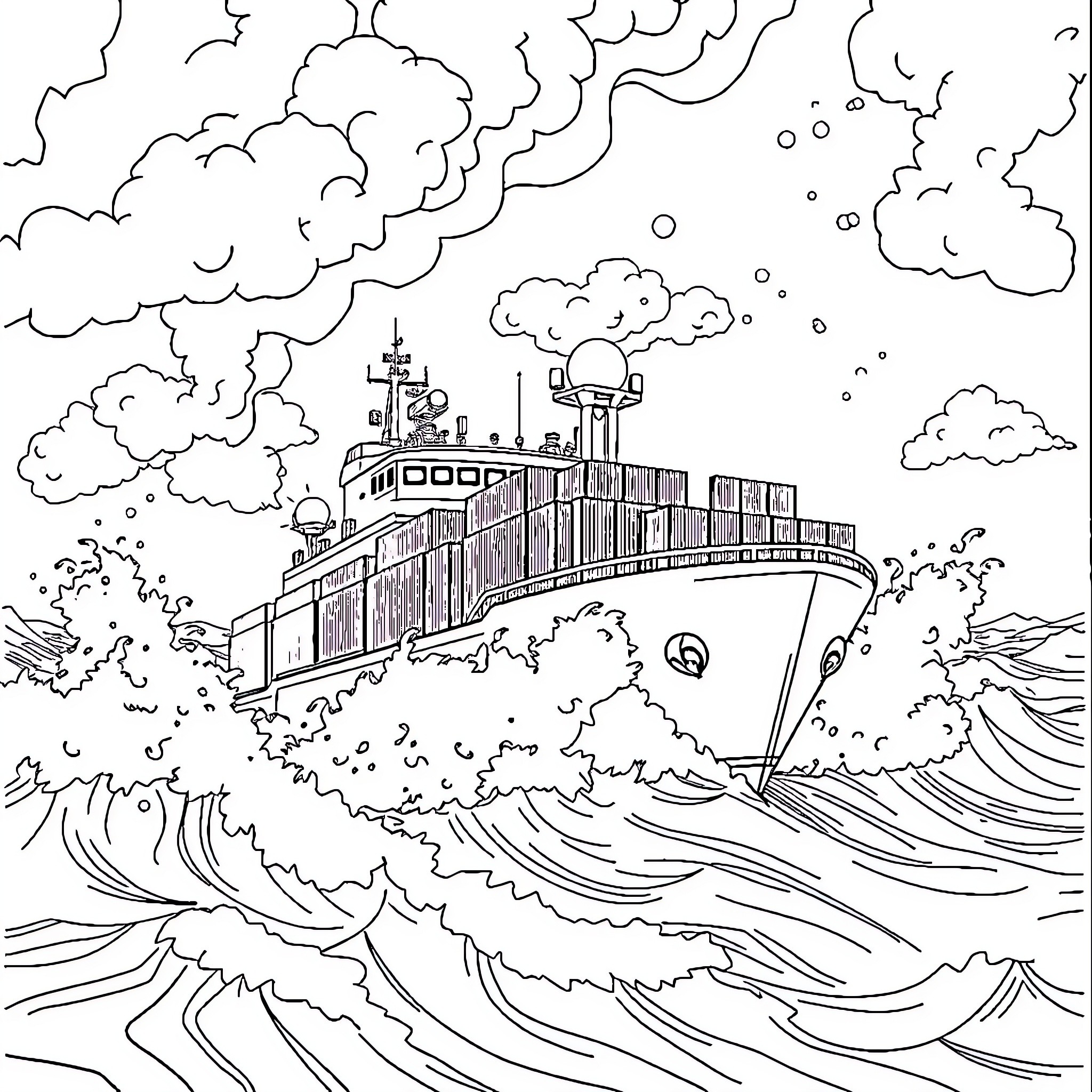 Containership navigating through stormy waves Coloring Page (free black-and-white line drawing printable PDF for all, from beginners to advanced learners, including children, teens, adults, and seniors)