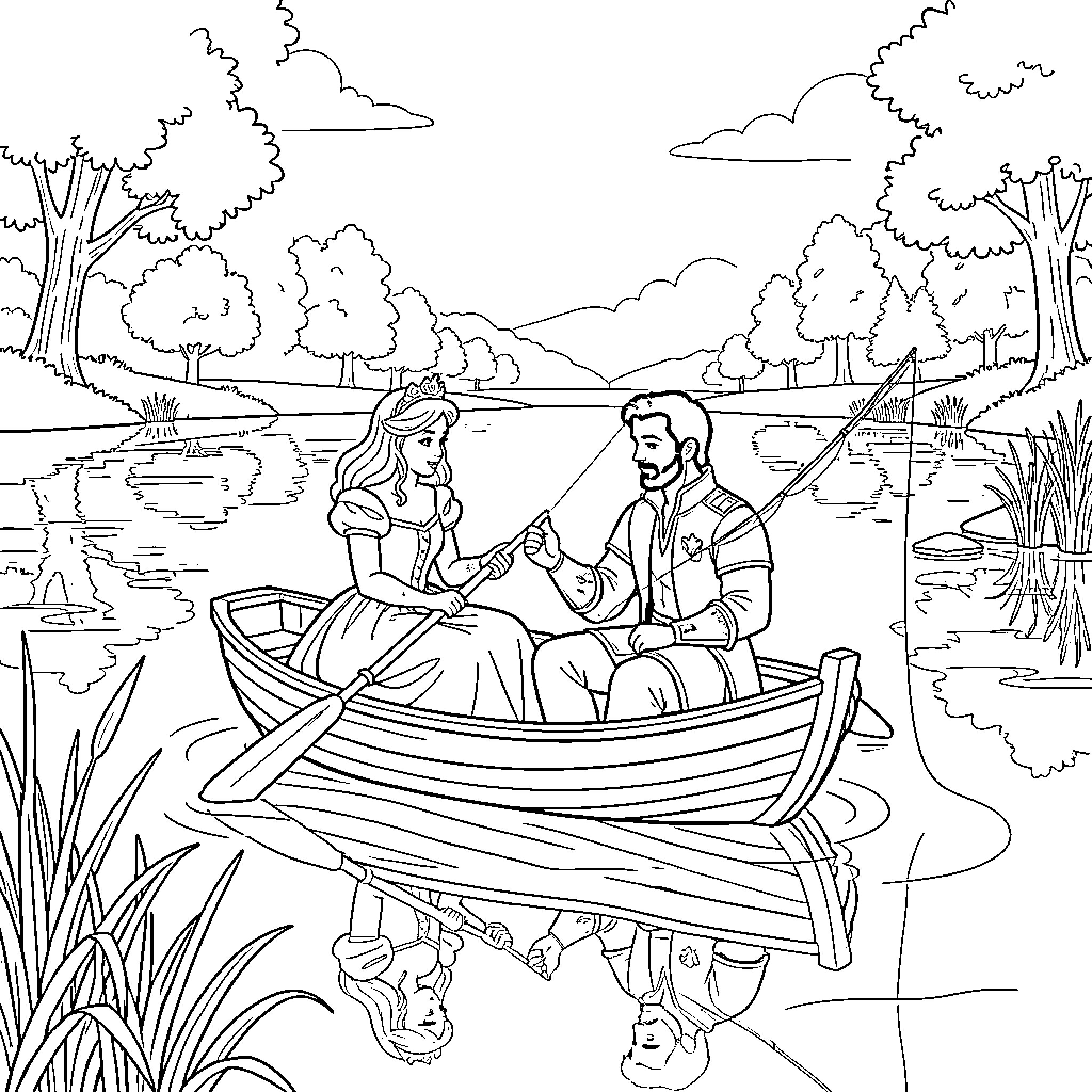 Sleeping Beauty and a prince rowing a boat Coloring Page (free black-and-white line drawing printable PDF for all, from beginners to advanced learners, including children, teens, adults, and seniors)
