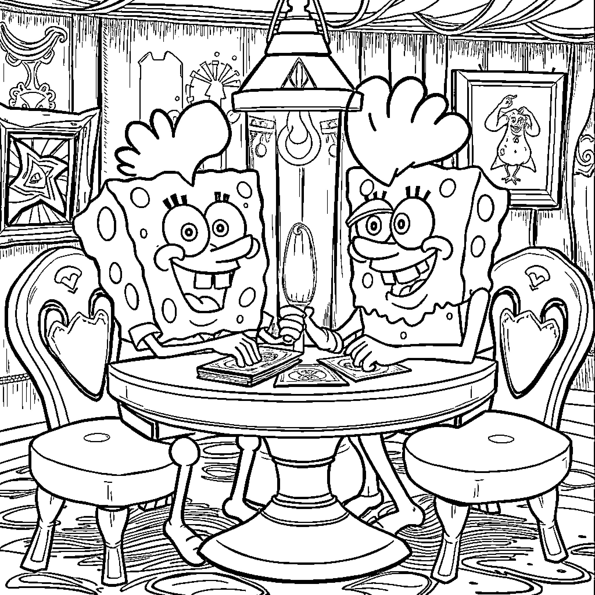 Spongebob and Patrick's Wacky Adventure in Bikini Bottom Coloring Page (free black-and-white line drawing printable PDF for all, from beginners to advanced learners, including children, teens, adults, and seniors)