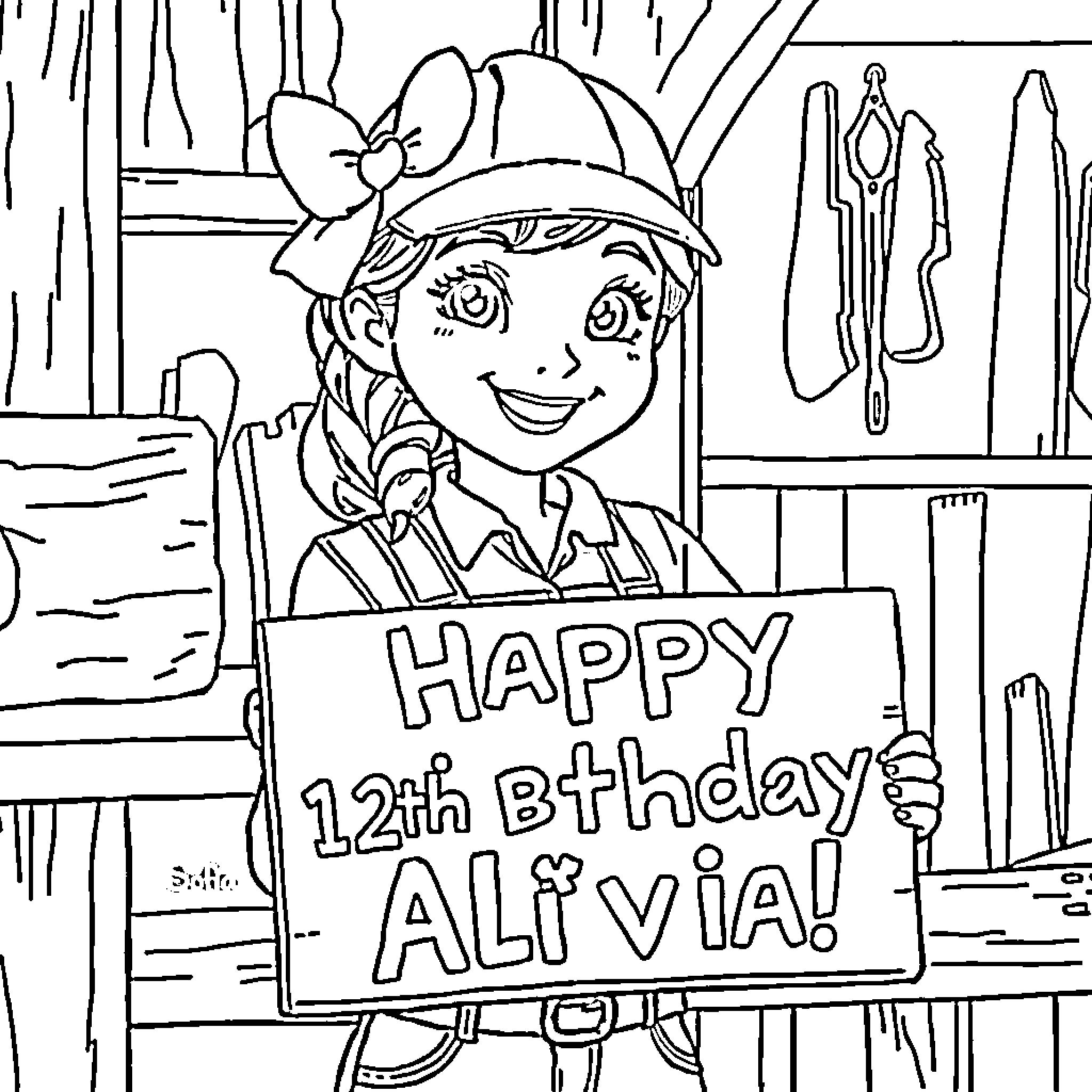 Sofia celebrating her 12th birthday happily Coloring Page (free black-and-white line drawing printable PDF for all, from beginners to advanced learners, including children, teens, adults, and seniors)