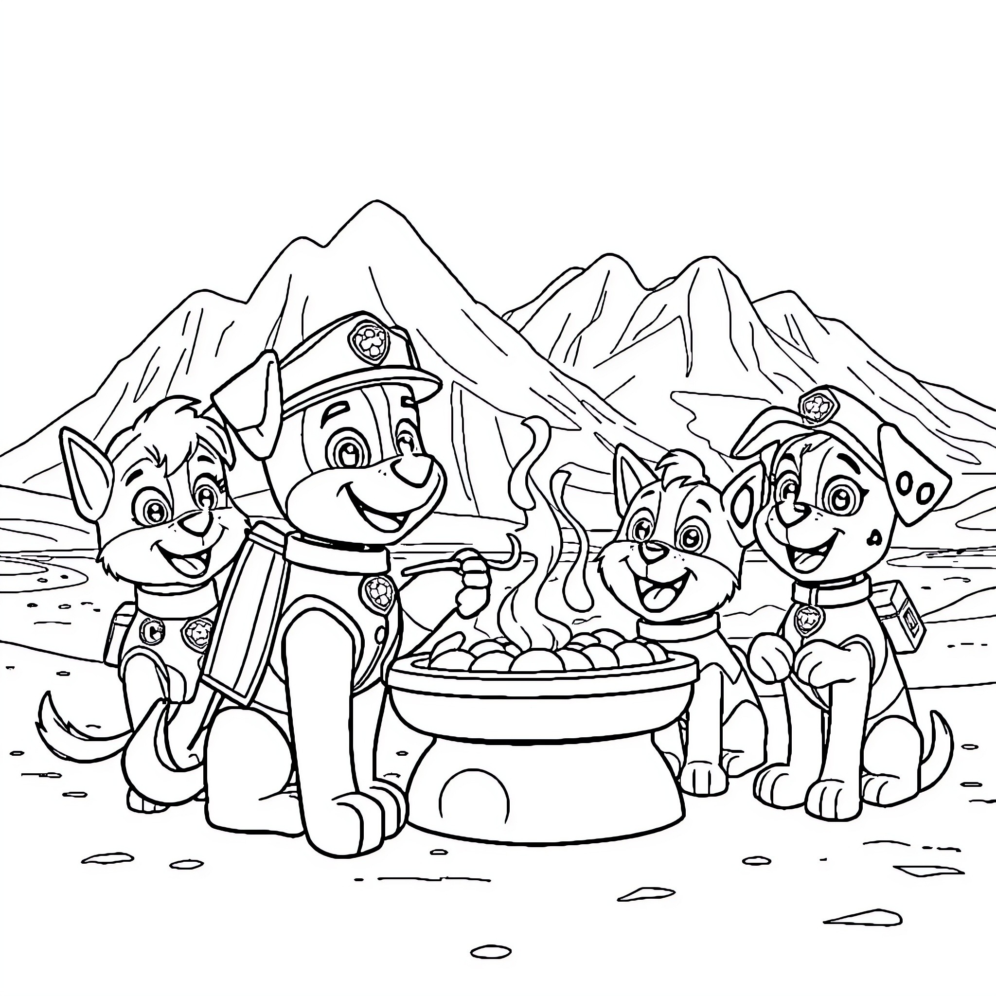 Paw Patrol enjoying snacks in the mountains Coloring Page (free black-and-white line drawing printable PDF for all, from beginners to advanced learners, including children, teens, adults, and seniors)