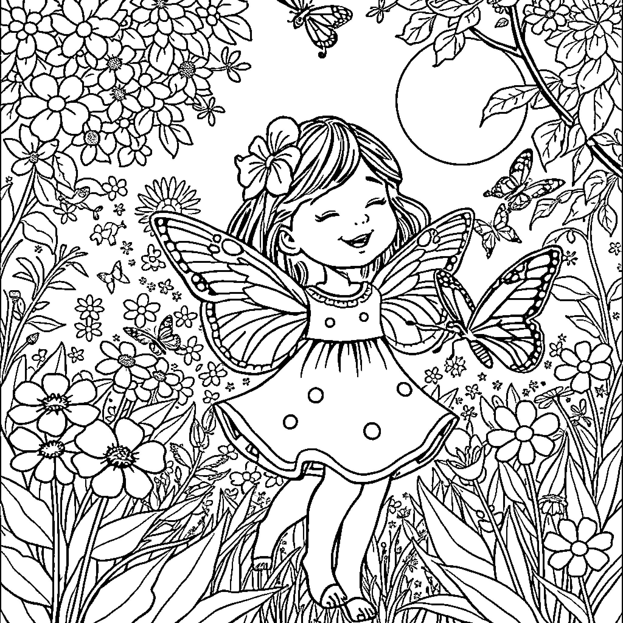 Nina's Enchanting Nature Adventure Coloring Page (free black-and-white line drawing printable PDF for all, from beginners to advanced learners, including children, teens, adults, and seniors)