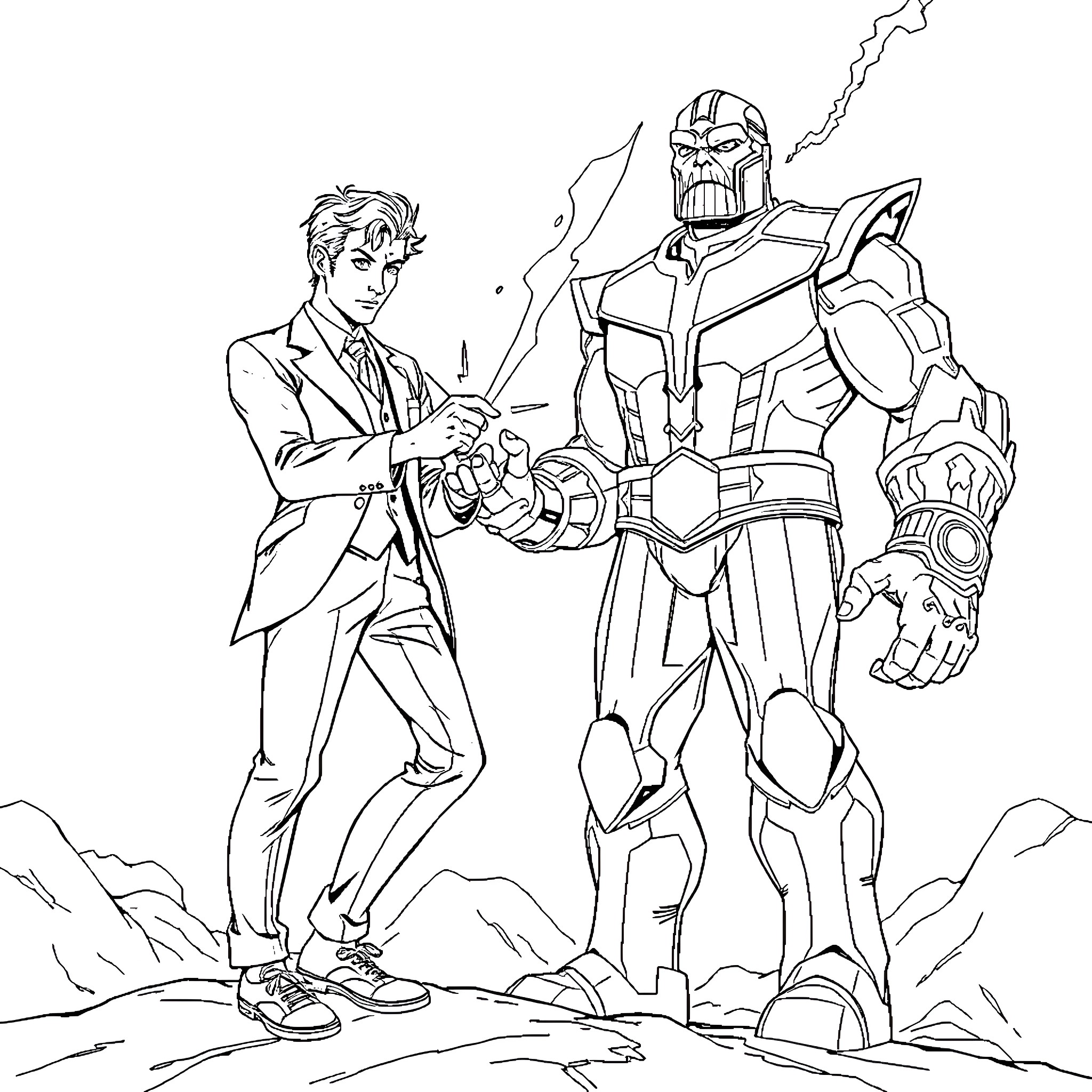 Doctor Confronts Robotic Adversary in Dramatic Standoff Coloring Page (free black-and-white line drawing printable PDF for all, from beginners to advanced learners, including children, teens, adults, and seniors)