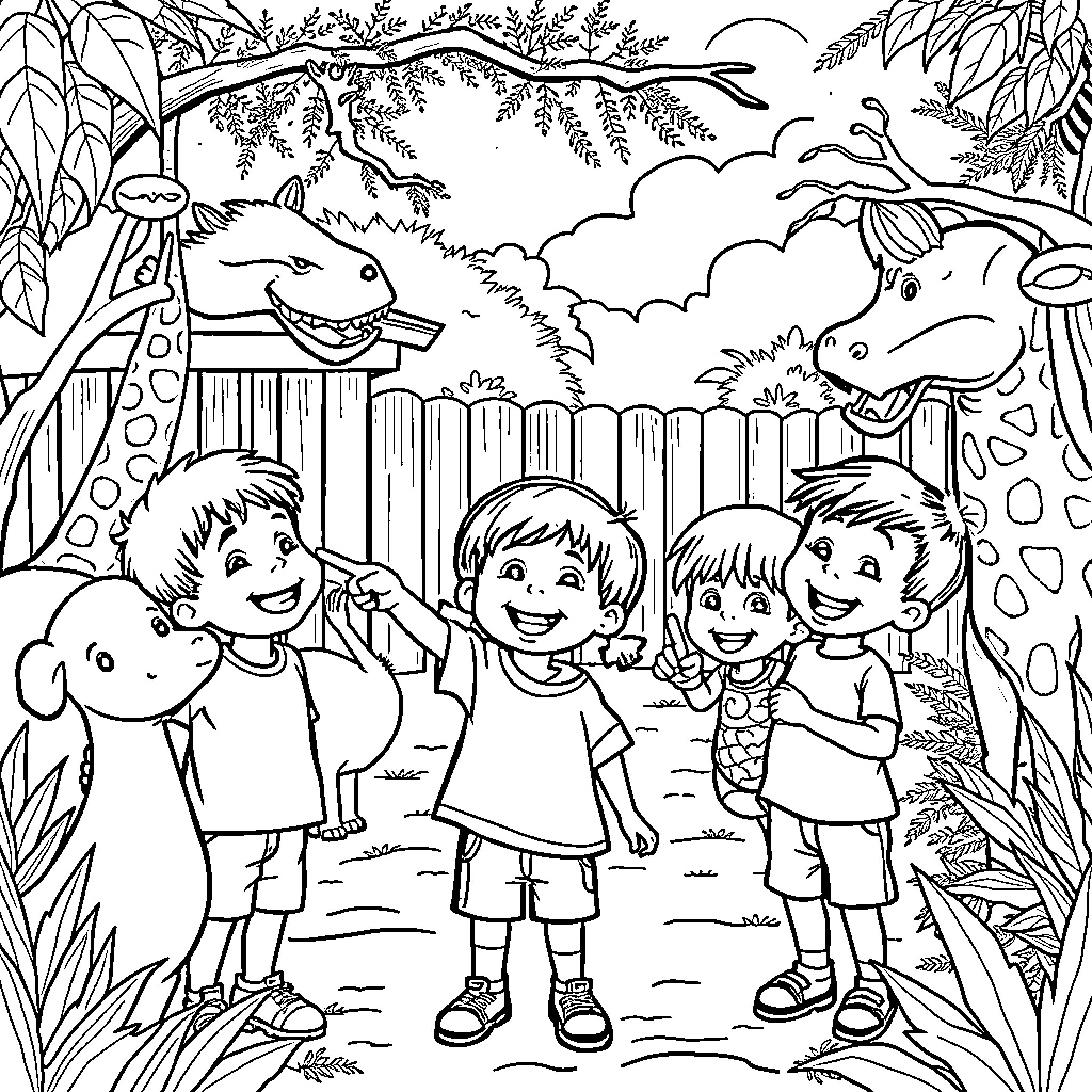 Kinder playing happily in the enchanted garden Coloring Page (free black-and-white line drawing printable PDF for all, from beginners to advanced learners, including children, teens, adults, and seniors)