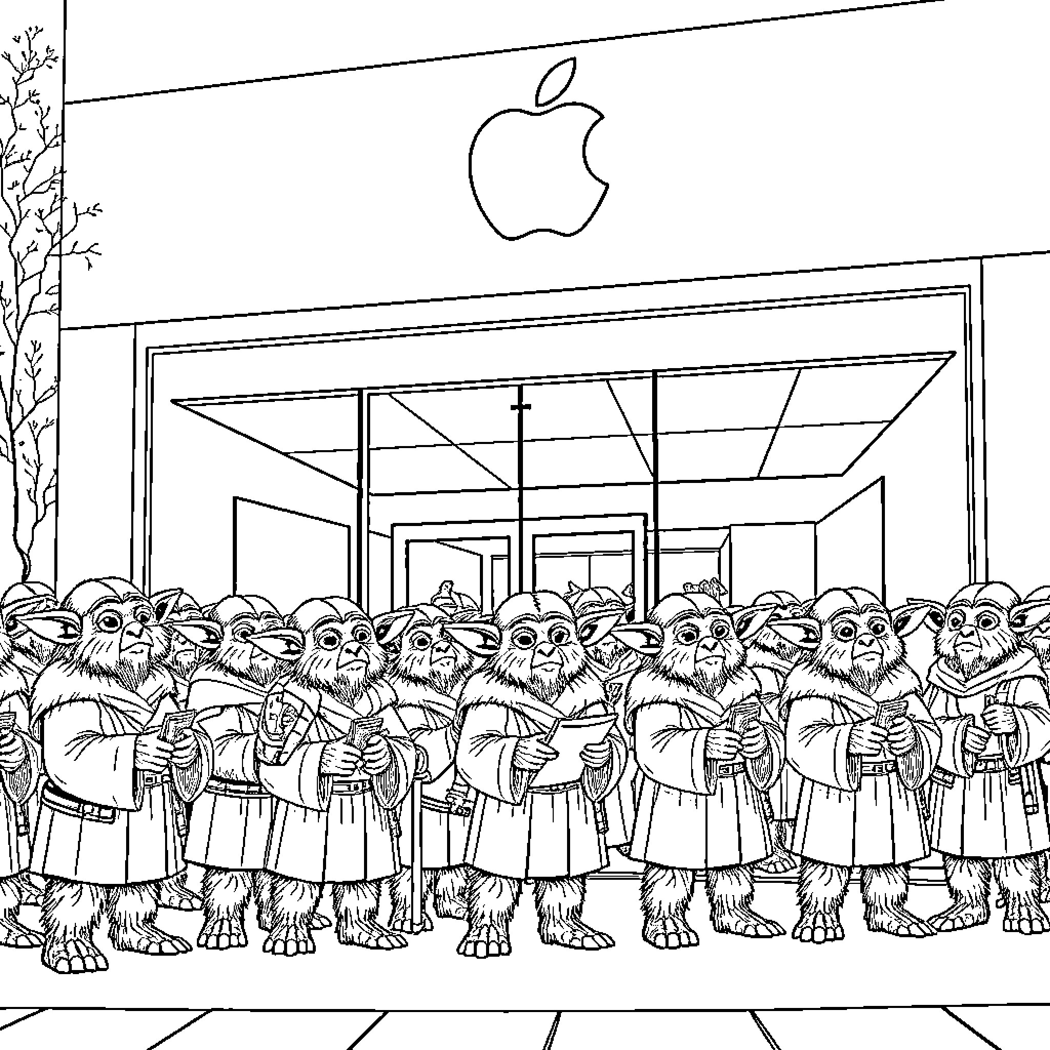 Ewok gathering outside the Apple store Coloring Page (free black-and-white line drawing printable PDF for all, from beginners to advanced learners, including children, teens, adults, and seniors)