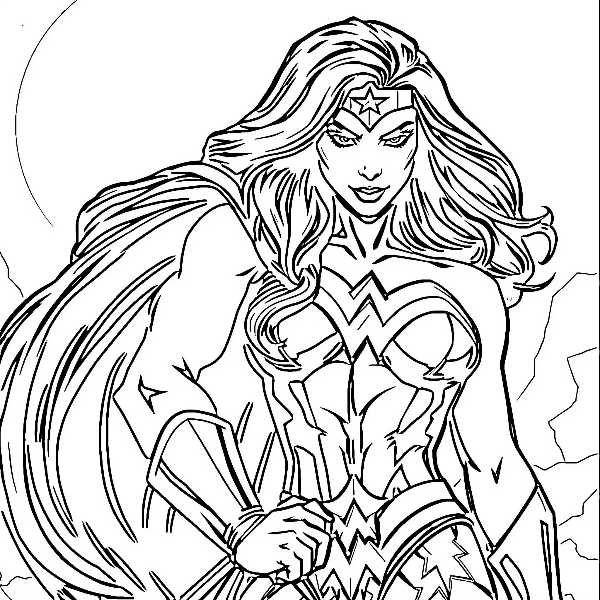 Wonder Woman in Heroic Pose Coloring Page (free black-and-white line drawing printable PDF for all, from beginners to advanced learners, including children, teens, adults, and seniors)