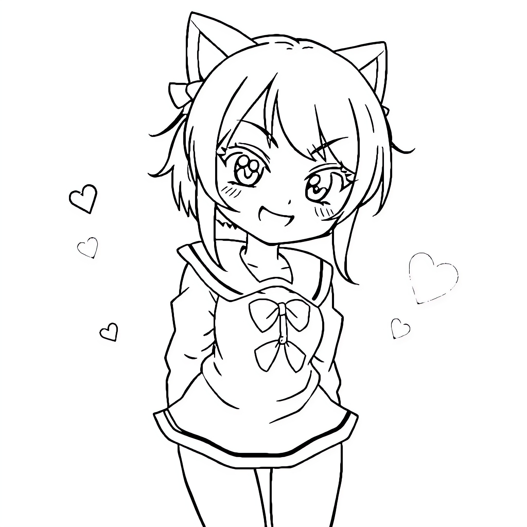 Kuromi smiling happily with cat ears Coloring Page (free black-and-white line drawing printable PDF for all, from beginners to advanced learners, including children, teens, adults, and seniors)