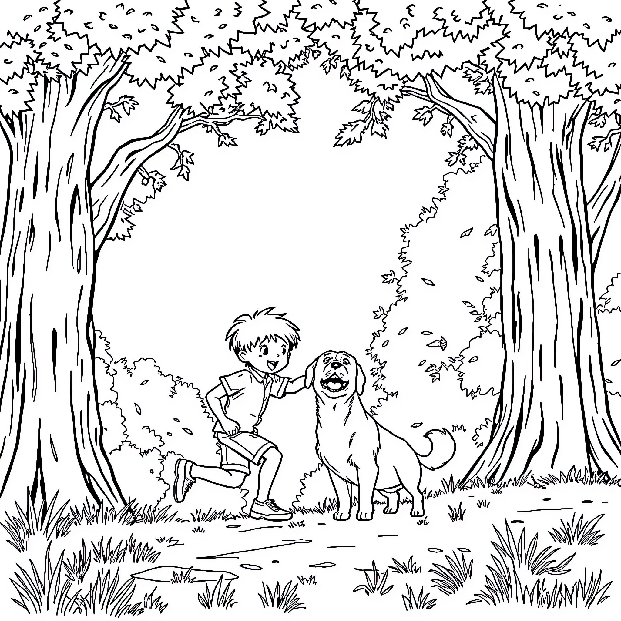 Child and their pet dog in the forest Coloring Page (free black-and-white line drawing printable PDF for all, from beginners to advanced learners, including children, teens, adults, and seniors)