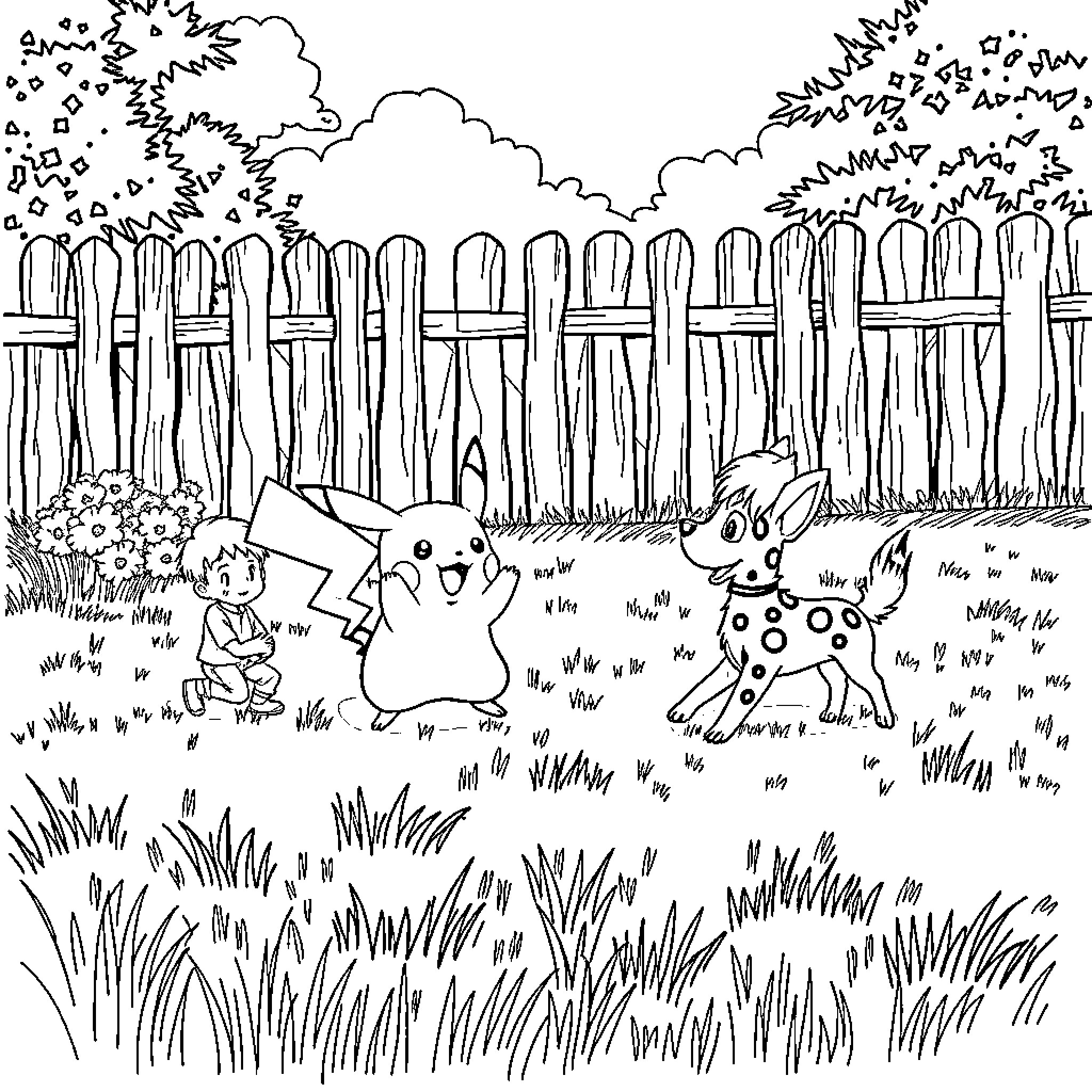 Pikachu and Pokémon friends playing in the yard Coloring Page (free black-and-white line drawing printable PDF for all, from beginners to advanced learners, including children, teens, adults, and seniors)