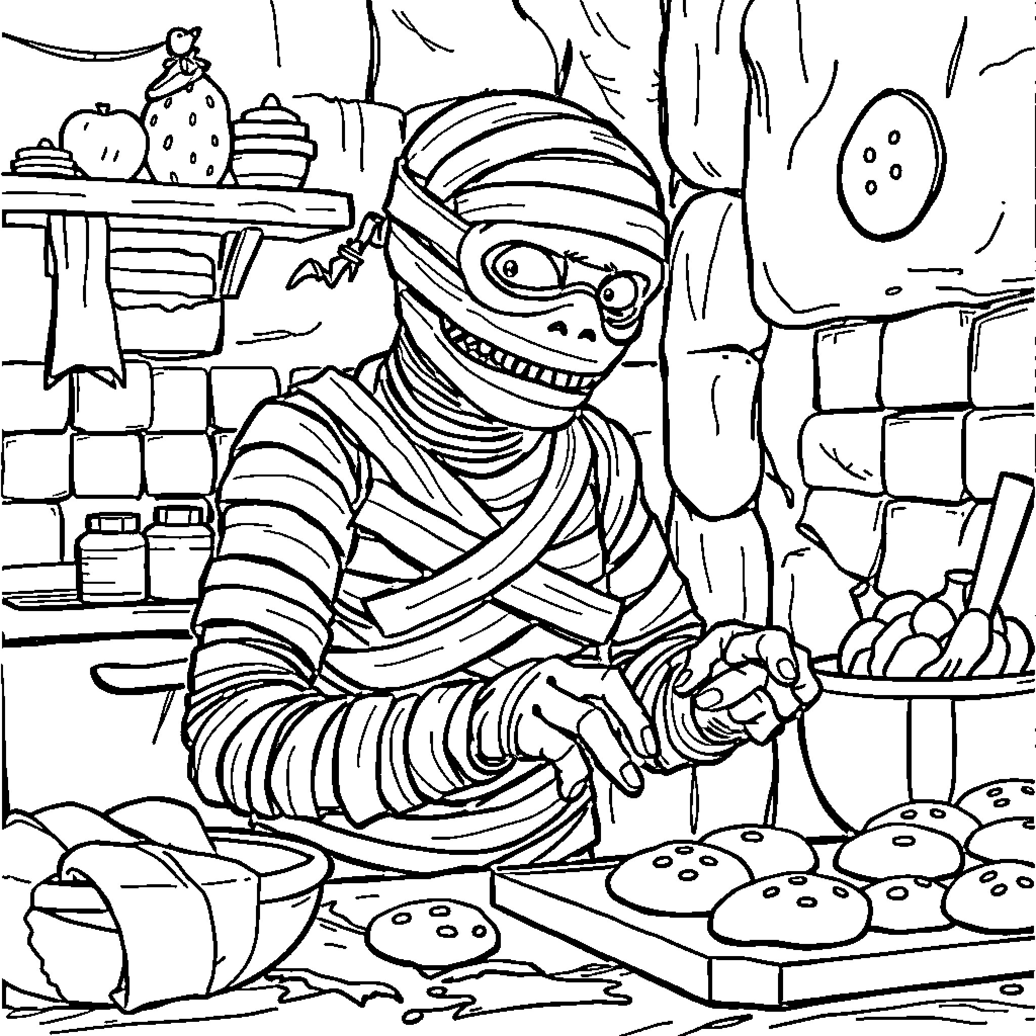 Mummy baking pastries in the kitchen Coloring Page (free black-and-white line drawing printable PDF for all, from beginners to advanced learners, including children, teens, adults, and seniors)