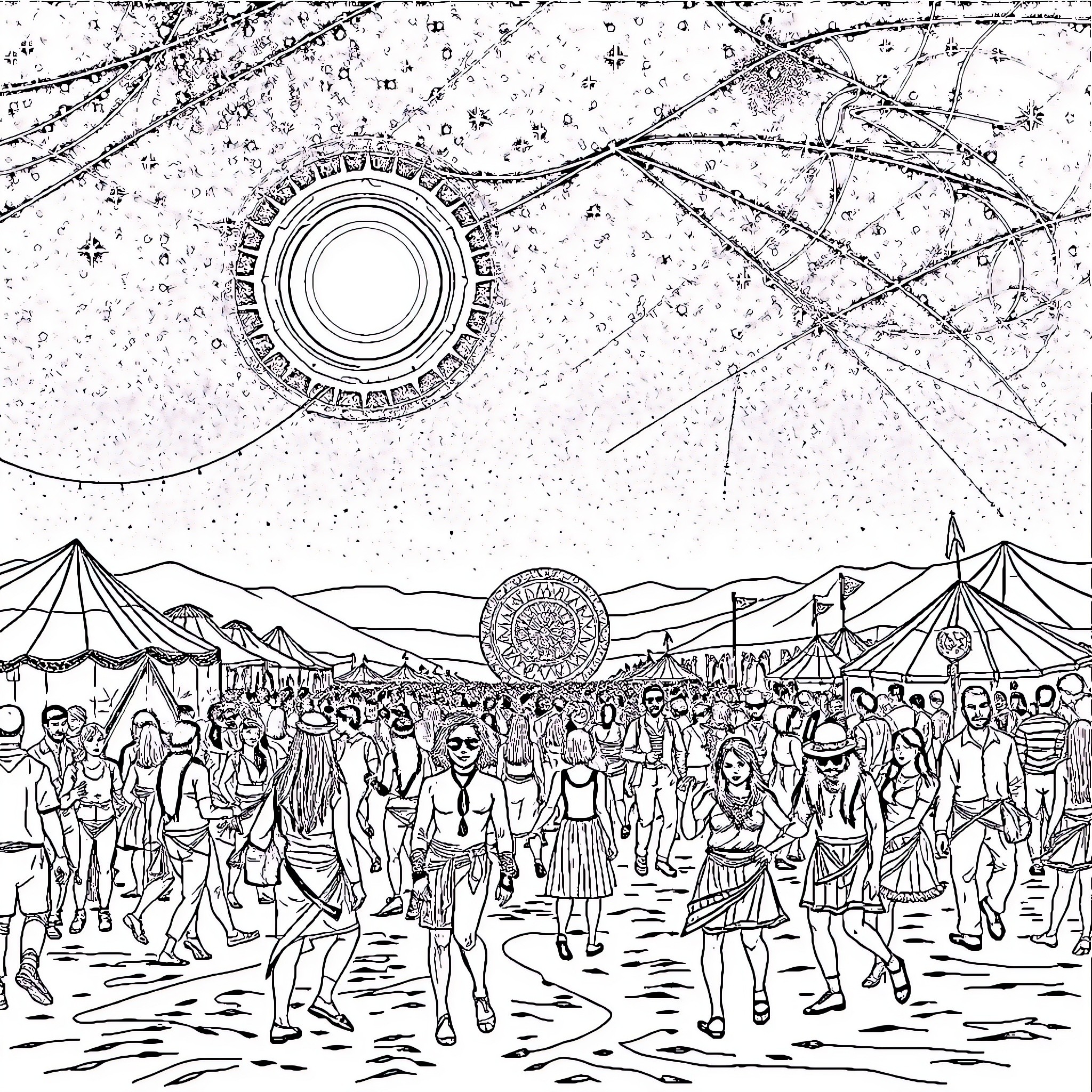 Burningman Celebration with Diverse Crowd and Vibrant Scenery Coloring Page (free black-and-white line drawing printable PDF for all, from beginners to advanced learners, including children, teens, adults, and seniors)