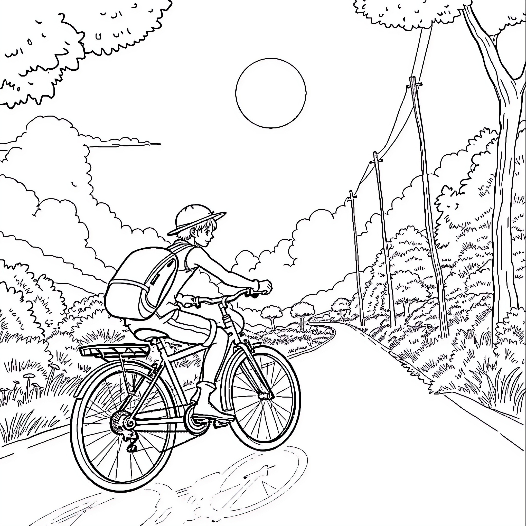 Peace Ride Through the Peaceful Countryside Coloring Page (free black-and-white line drawing printable PDF for all, from beginners to advanced learners, including children, teens, adults, and seniors)