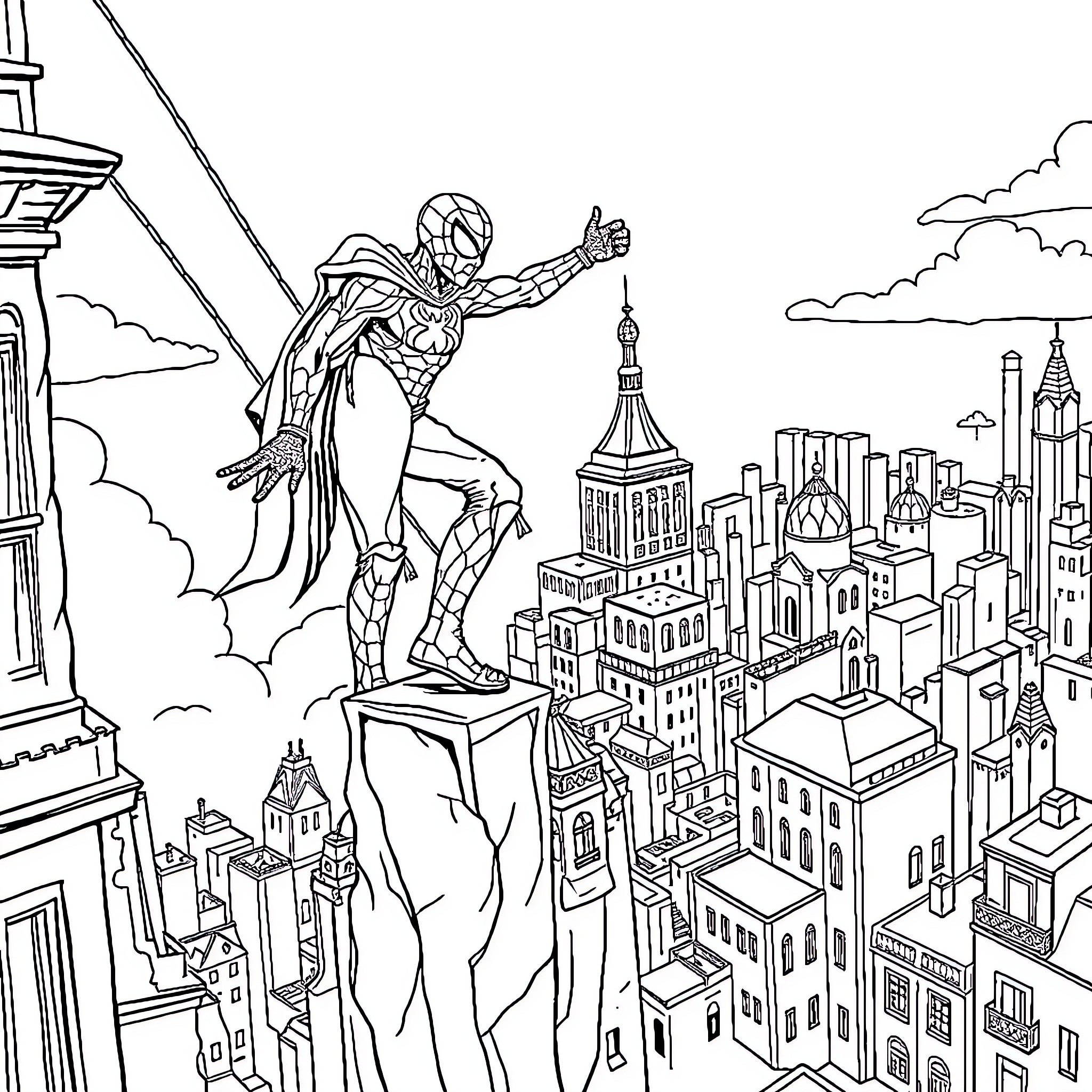 Spider-Man swinging through the city skyline Coloring Page (free black-and-white line drawing printable PDF for all, from beginners to advanced learners, including children, teens, adults, and seniors)